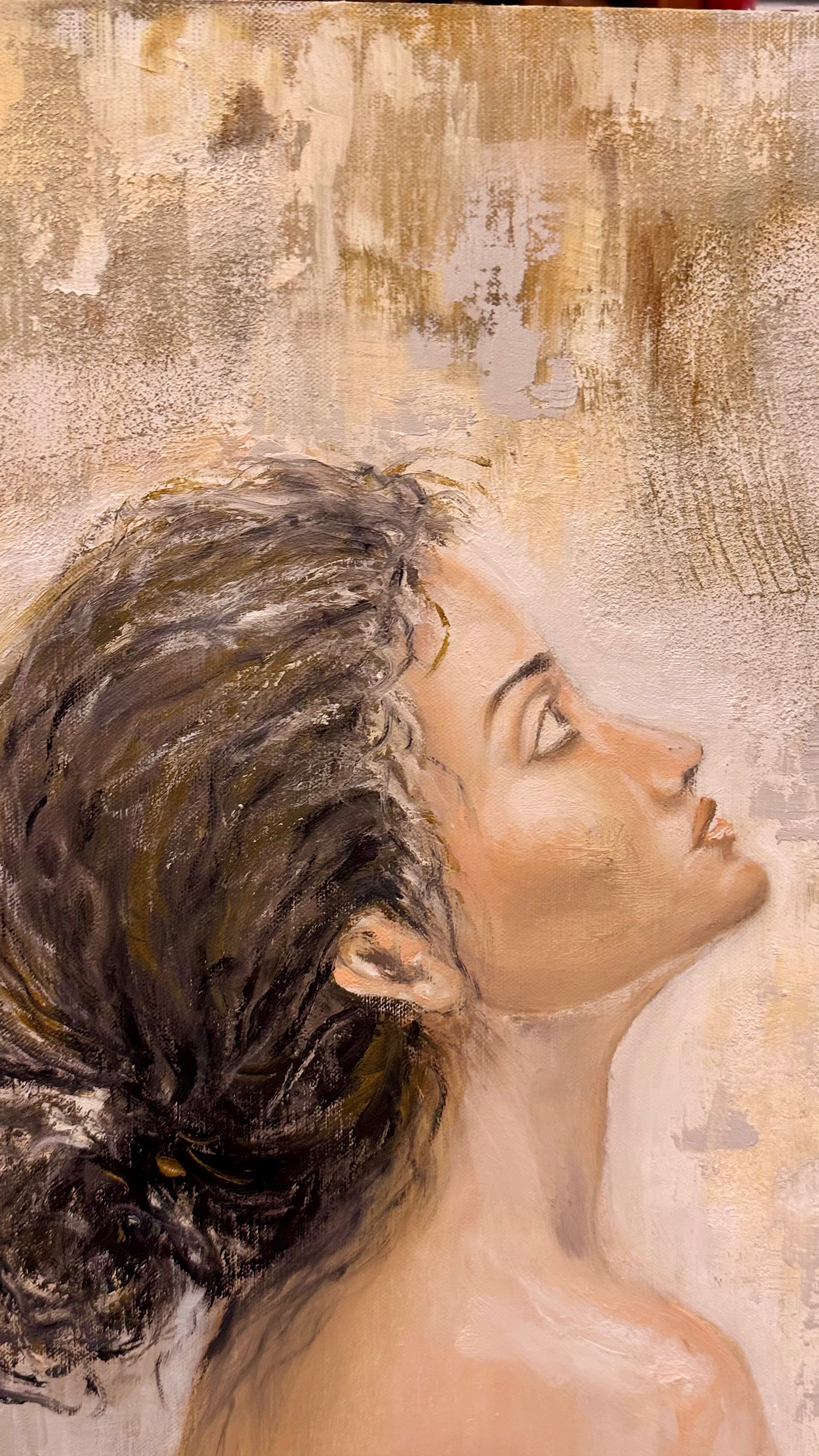 Detail of the woman’s upward gaze in Stand Beside Me diptych by Lyuba Vasileva
