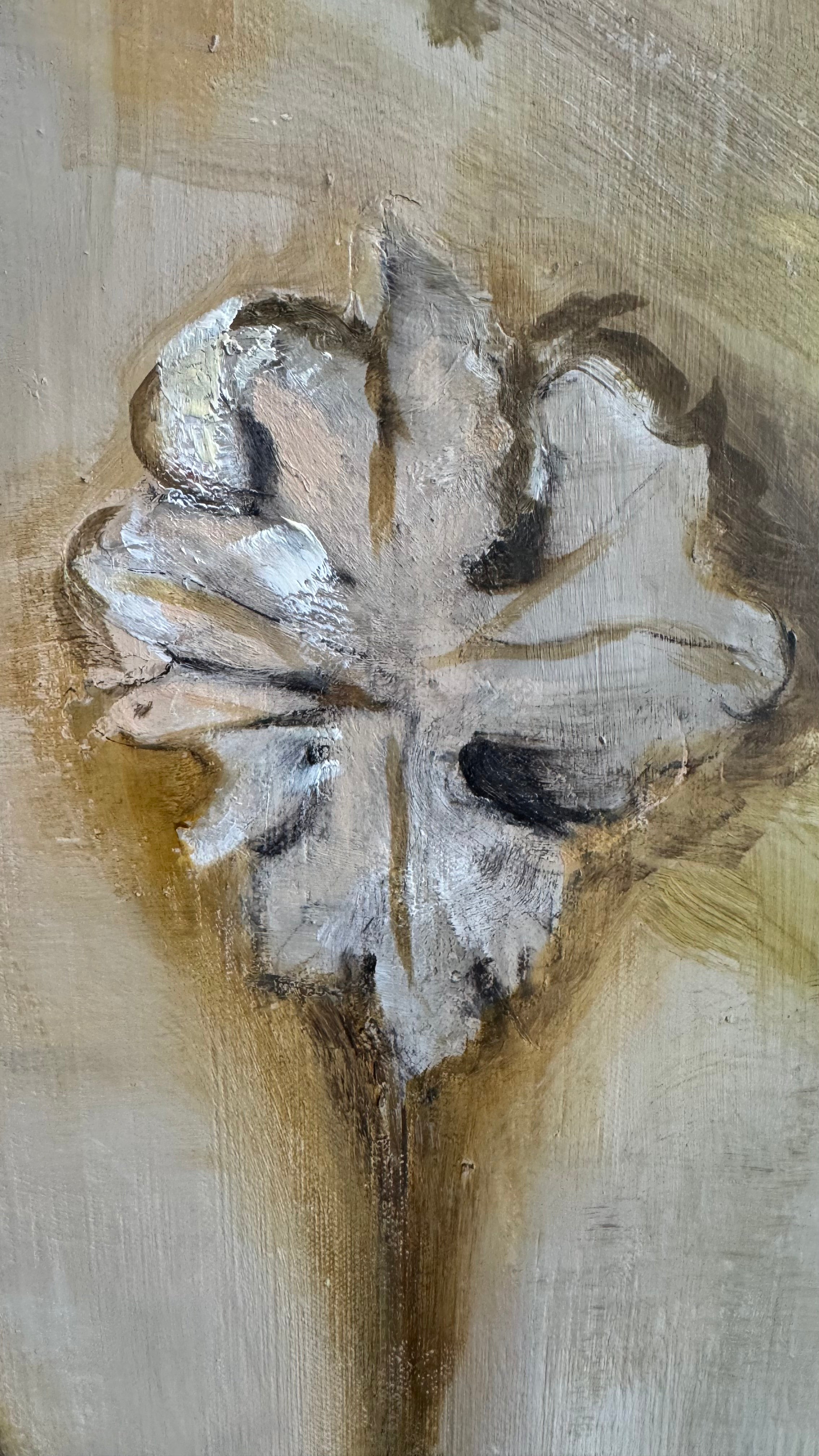 Detail of the symbolic fig leaf in “Fragments of Eden” by Lyuba Vasileva, contemporary oil painting on linen.
