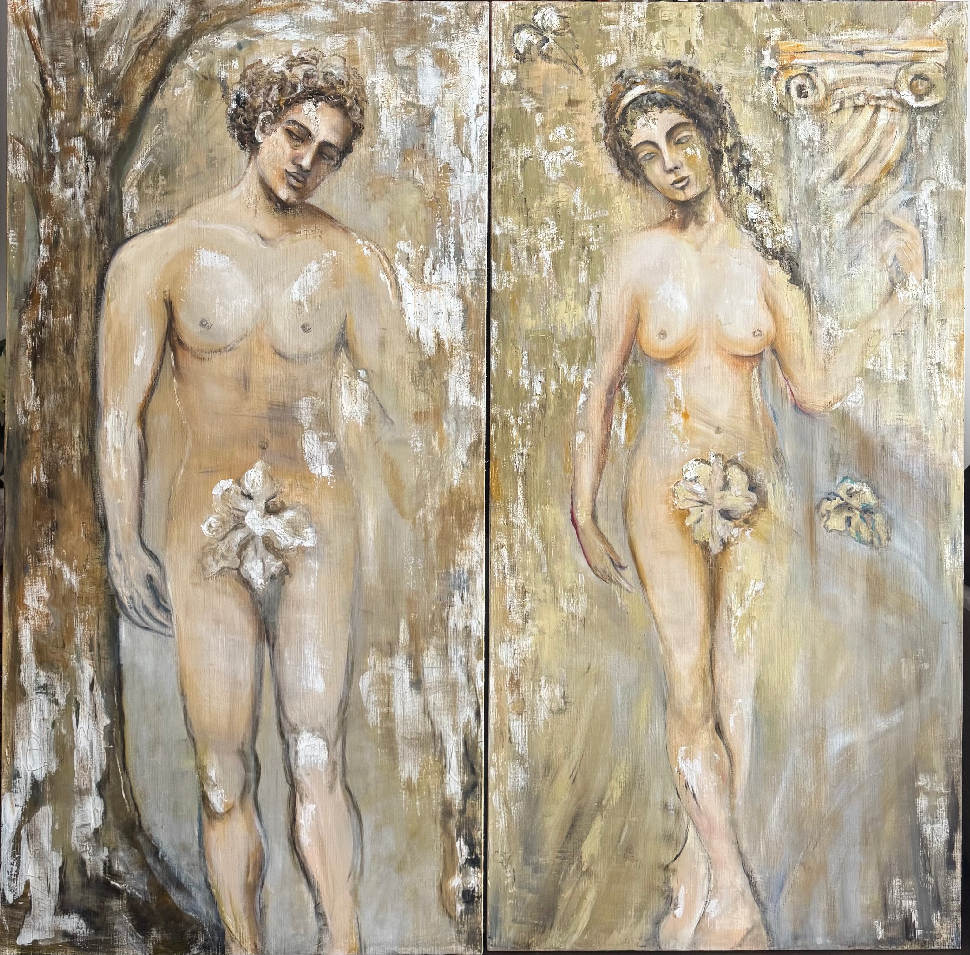 Fragments of Eden - contemporary oil painting diptych by Lyuba Vasileva, inspired by Adam and Eve. Two expressive figures explore innocence, awakening and the fragile moment before the biblical narrative. Oil on linen with texturing surfaces.