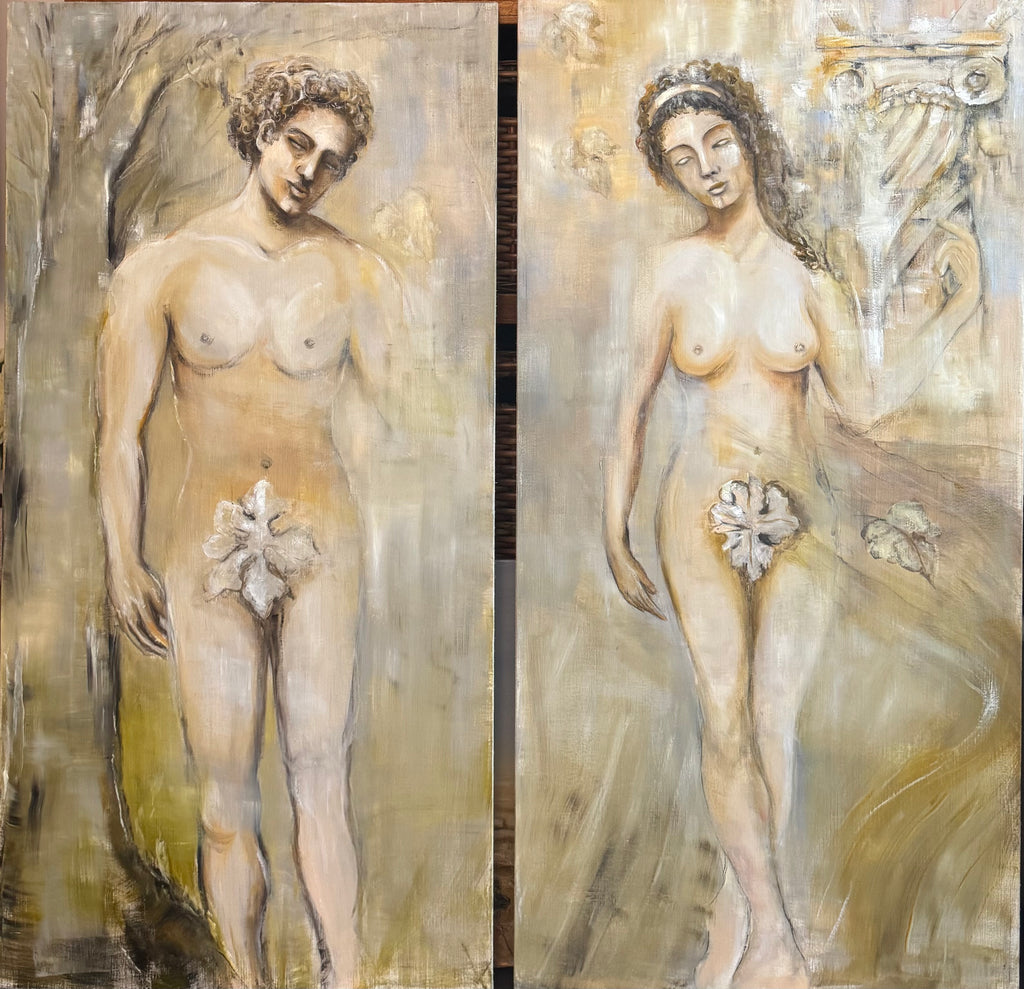 Fragments of Eden – contemporary oil painting diptych by Lyuba Vasileva, inspired by Adam and Eve. Two expressive figures explore innocence, awakening and the fragile moment before the biblical narrative. Oil on linen with textured surfaces.