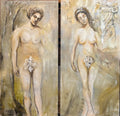 Fragments of Eden – contemporary oil painting diptych by Lyuba Vasileva, inspired by Adam and Eve. Two expressive figures explore innocence, awakening and the fragile moment before the biblical narrative. Oil on linen with textured surfaces.