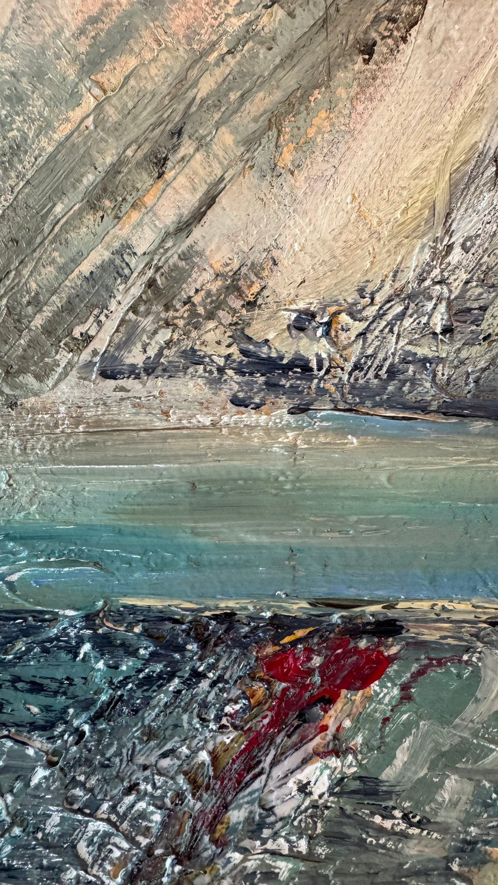 Textured abstract oil painting with layered neutral tones, turquoise reflections and expressive red accents suggesting silence, memory and disappearing landscapes.