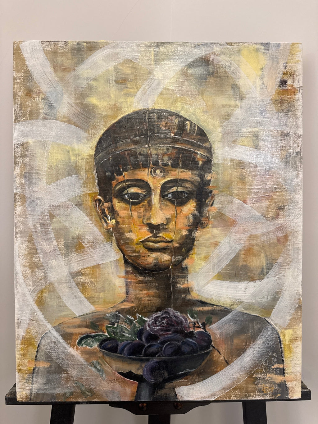 Detail of Fruit of Silence painting, textured mixed media portrait with symbolic elements and emotional expression