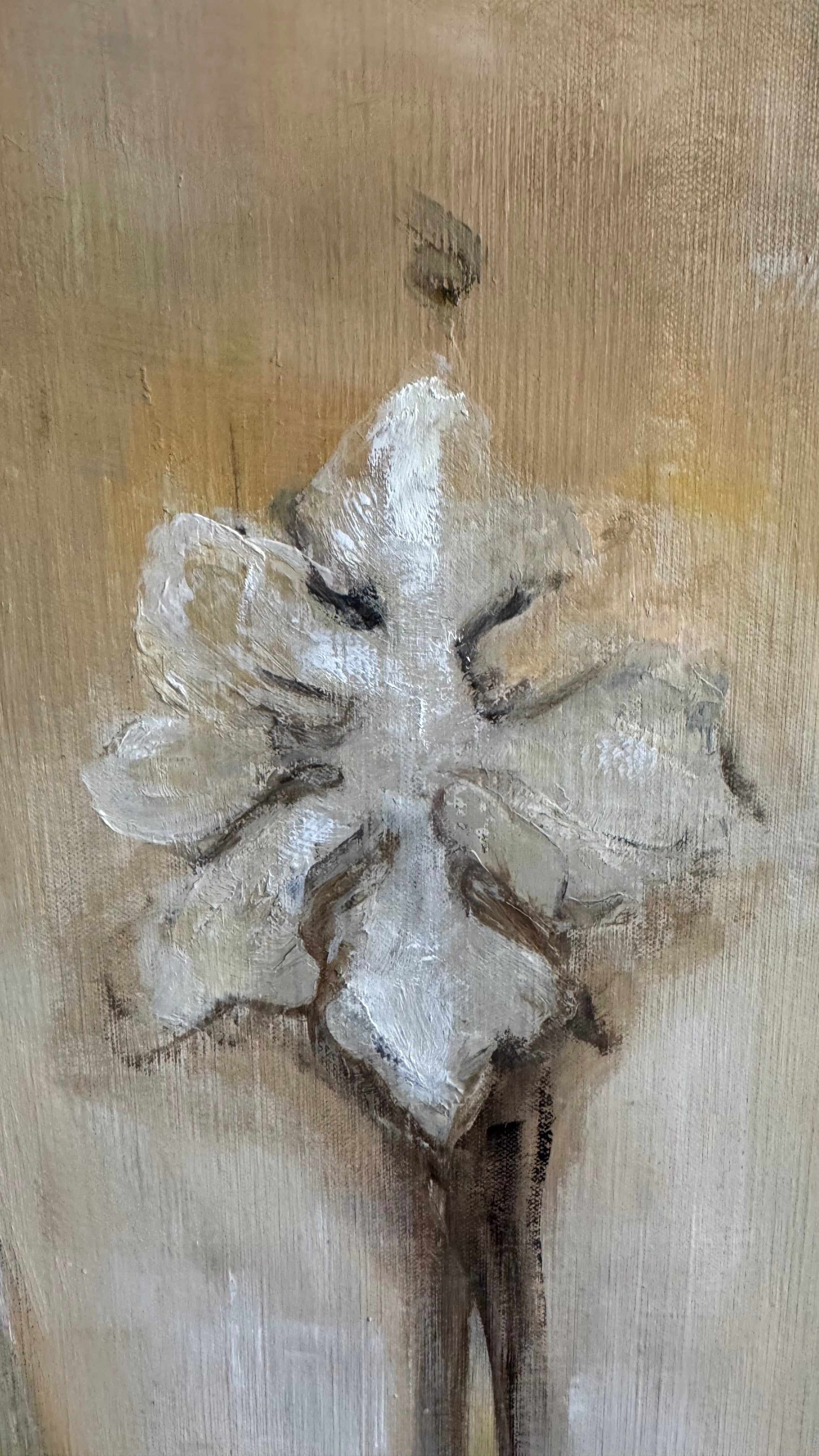 Detail of the symbolic fig leaf in “Fragments of Eden” by Lyuba Vasileva, contemporary oil painting on linen.
