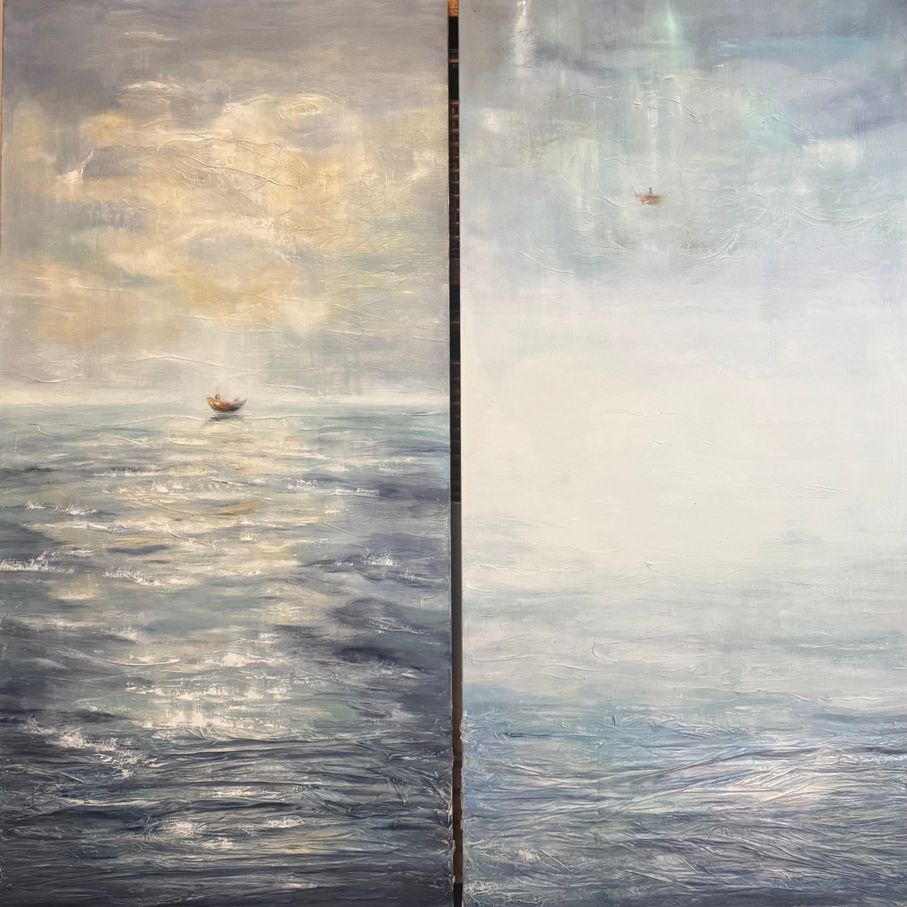 Mediterranean Mirage is a contemporary diptych exploring the fragile boundary between reality and illusion through two large oil paintings inspired by the Mediterranean Sea.