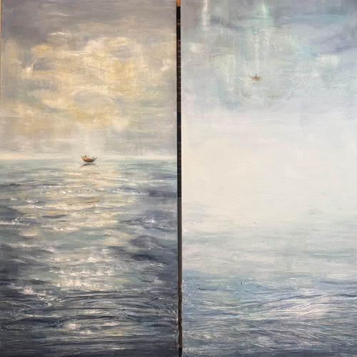 Mediterranean Mirage is a contemporary diptych exploring the fragile boundary between reality and illusion through two large oil paintings inspired by the Mediterranean Sea.