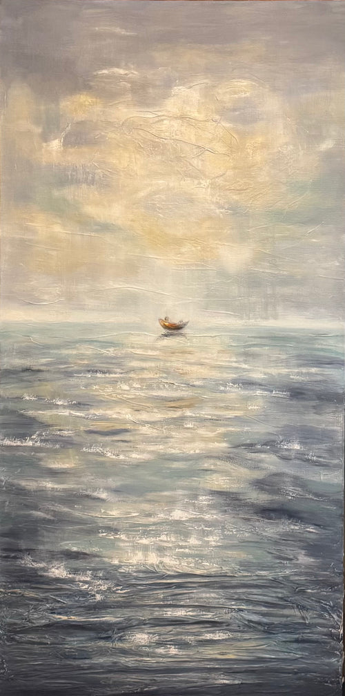 Minimalist contemporary seascape featuring a lone boat on the Mediterranean Sea, created with oil paint, handmade bamboo paper and textured linen in soft atmospheric light.
