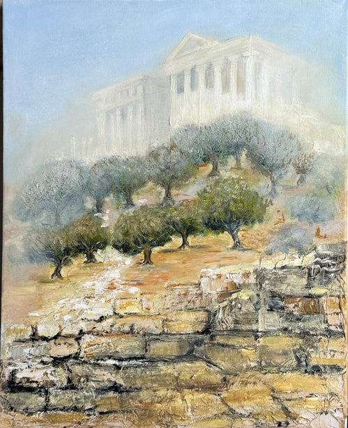 Painting of a classical ancient Greek Acropolis with trees and stone pathways
