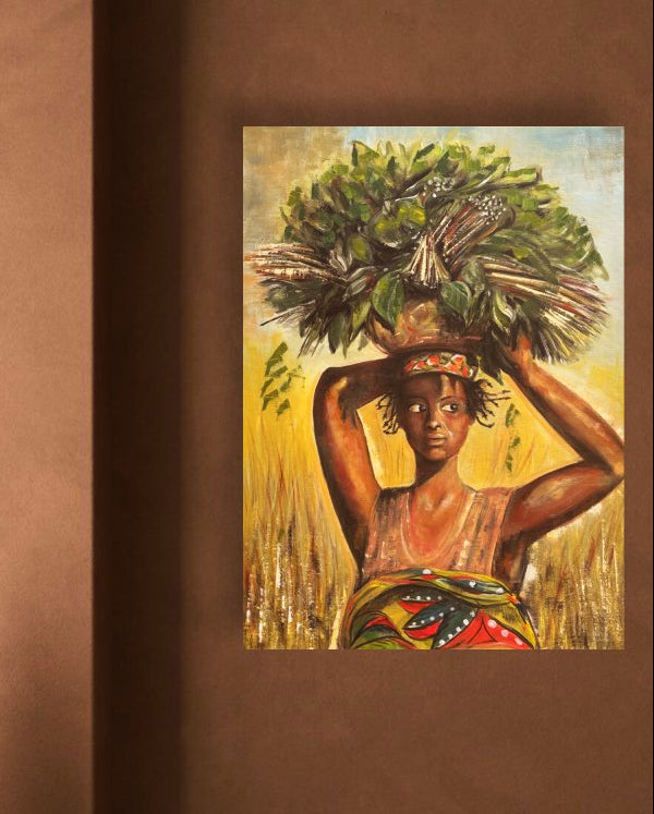 Painting of a woman carrying a bundle of leaves on her head in a rustic setting with a vase.