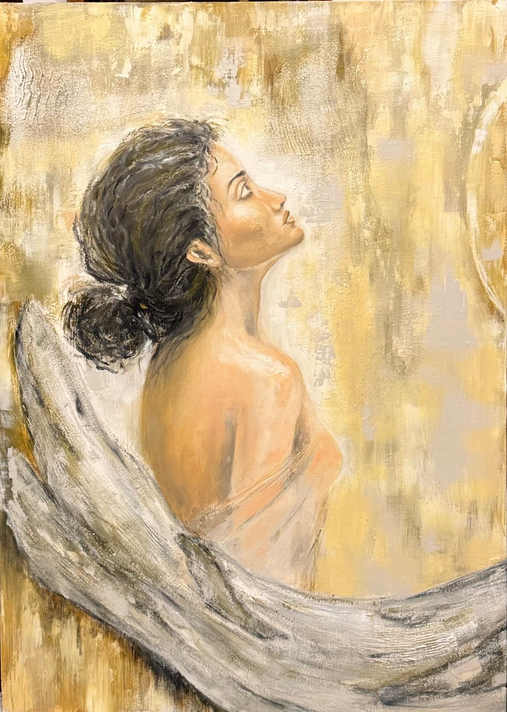 Left panel of Stand Beside Me diptych by Lyuba Vasileva, depicting a woman gazing upward beside sea-worn driftwood
