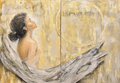 Stand Beside Me diptych by Lyuba Vasileva, featuring a woman, sea-worn driftwood, a sacred circle and a faded ancient Greek inscription
