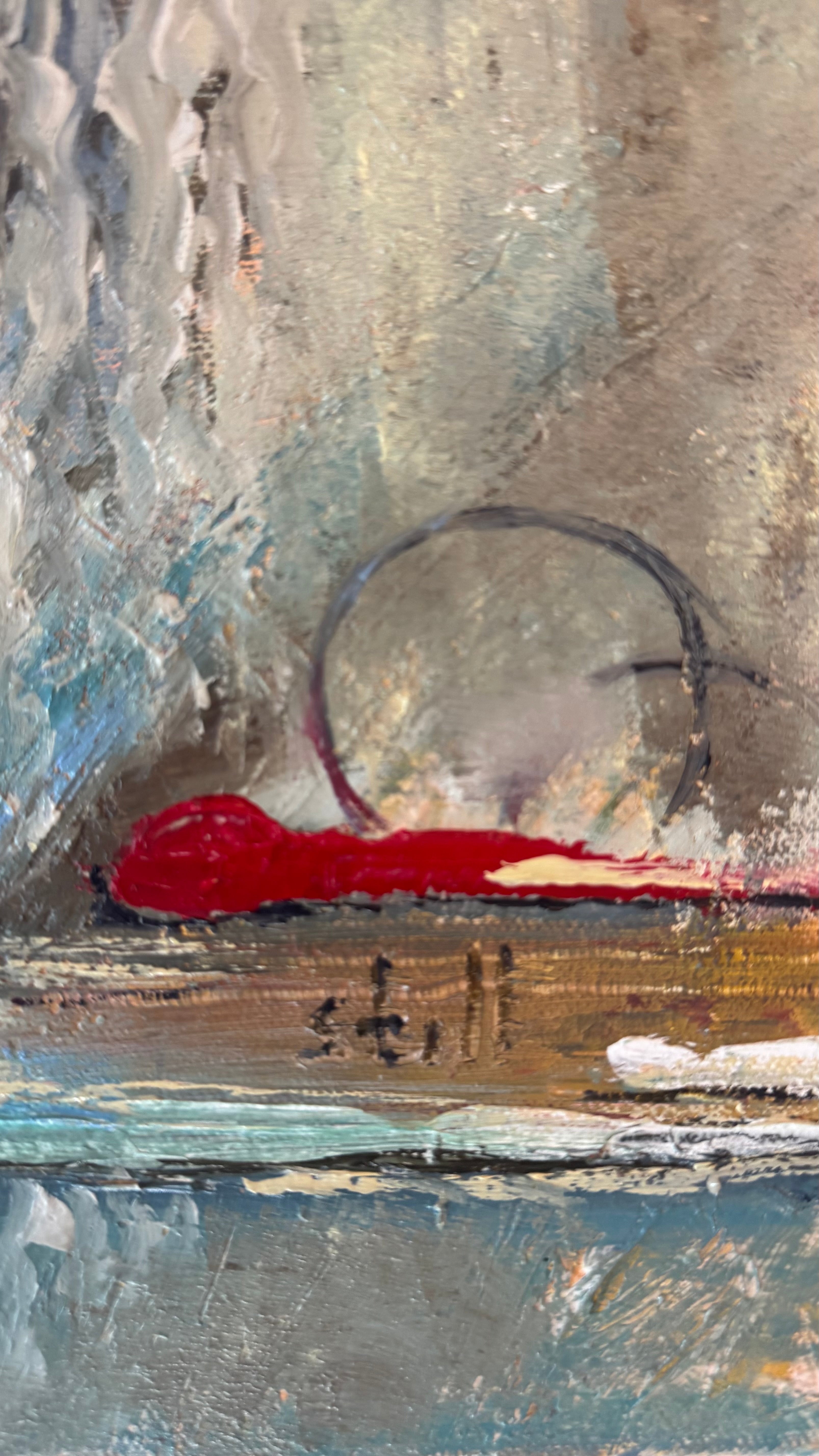 Abstract contemporary oil painting detail with textured neutral tones, red expressive mark and circular symbol suggesting memory, silence and disappearing forms.