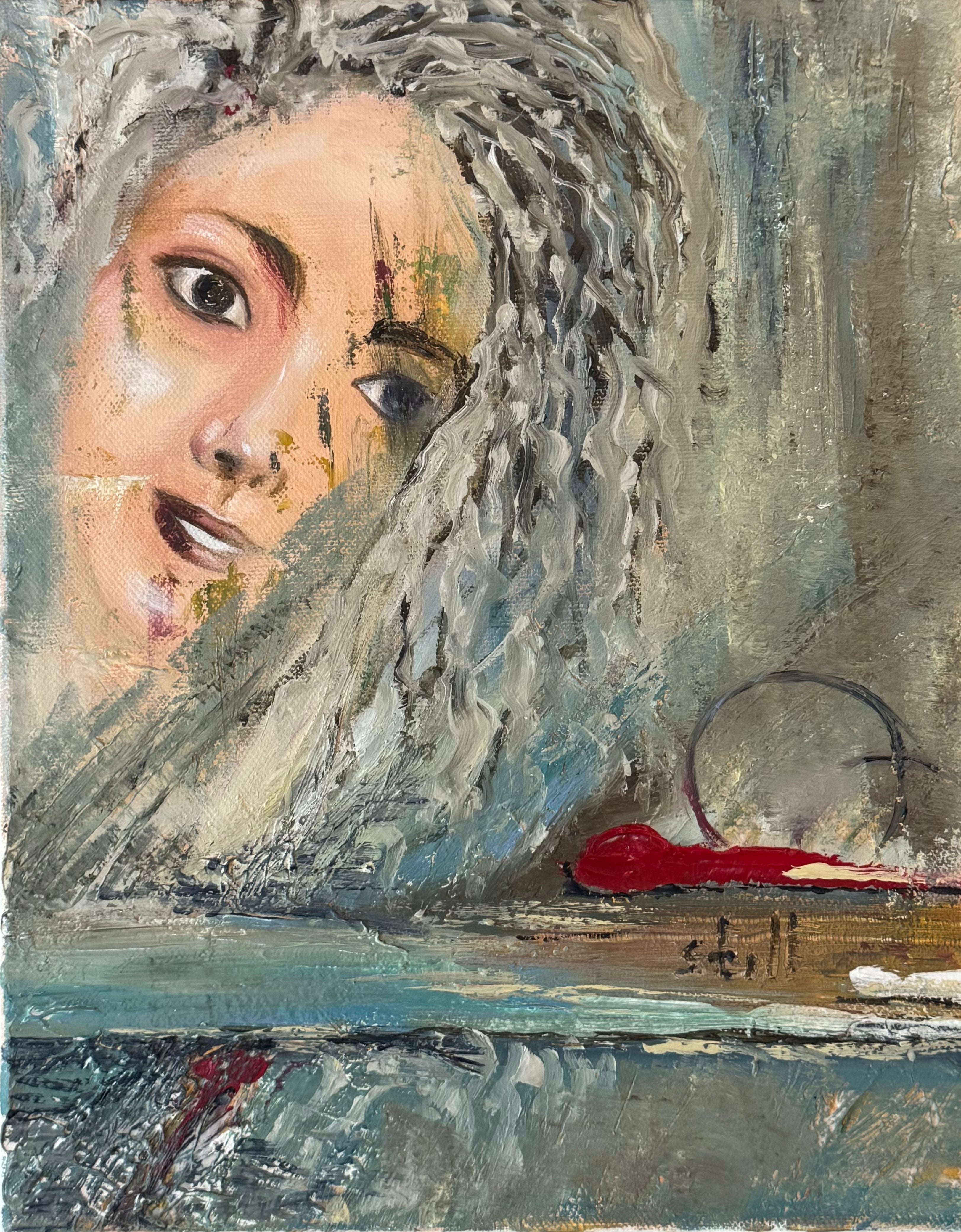 Textured contemporary oil painting featuring a fading female portrait with layered neutral tones, abstract details and poetic atmosphere inspired by memory and silence.