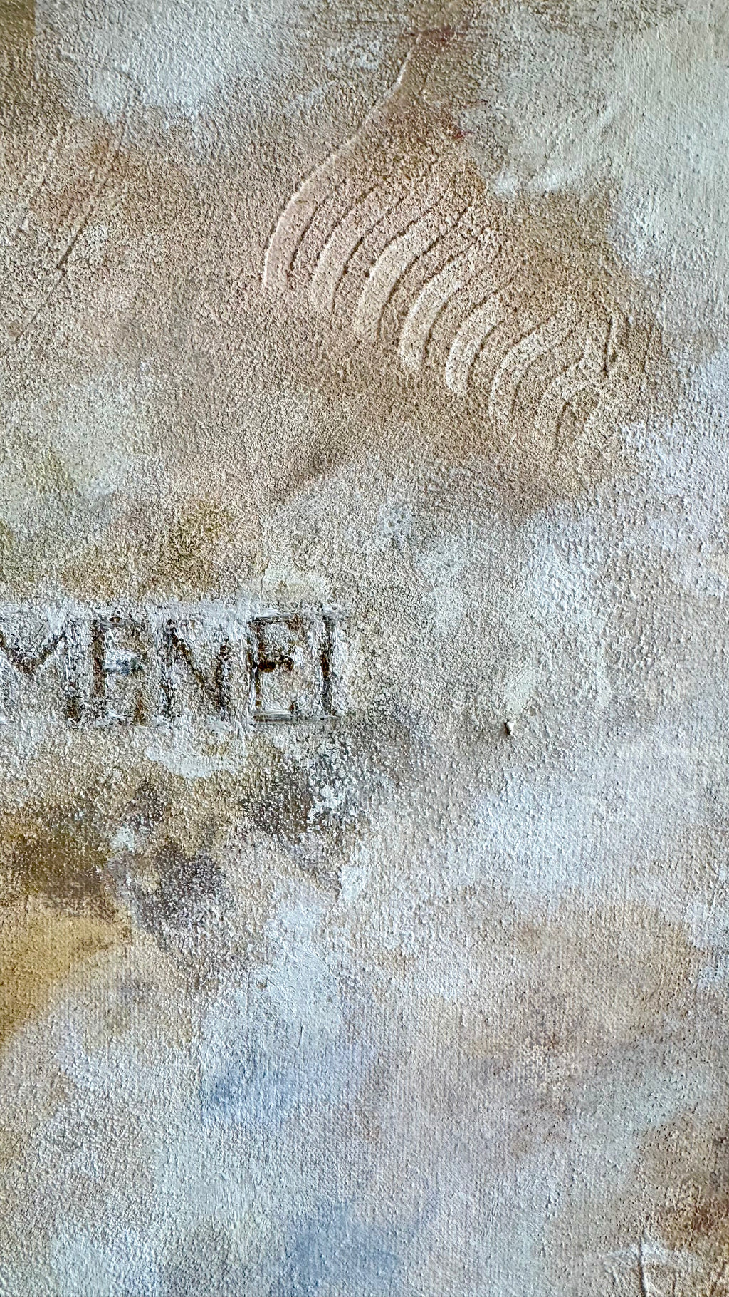 Close-up of the faded Greek inscription and curved etched lines on the sand-textured surface of Lyuba Vasileva - Levi painting The Light Remains.