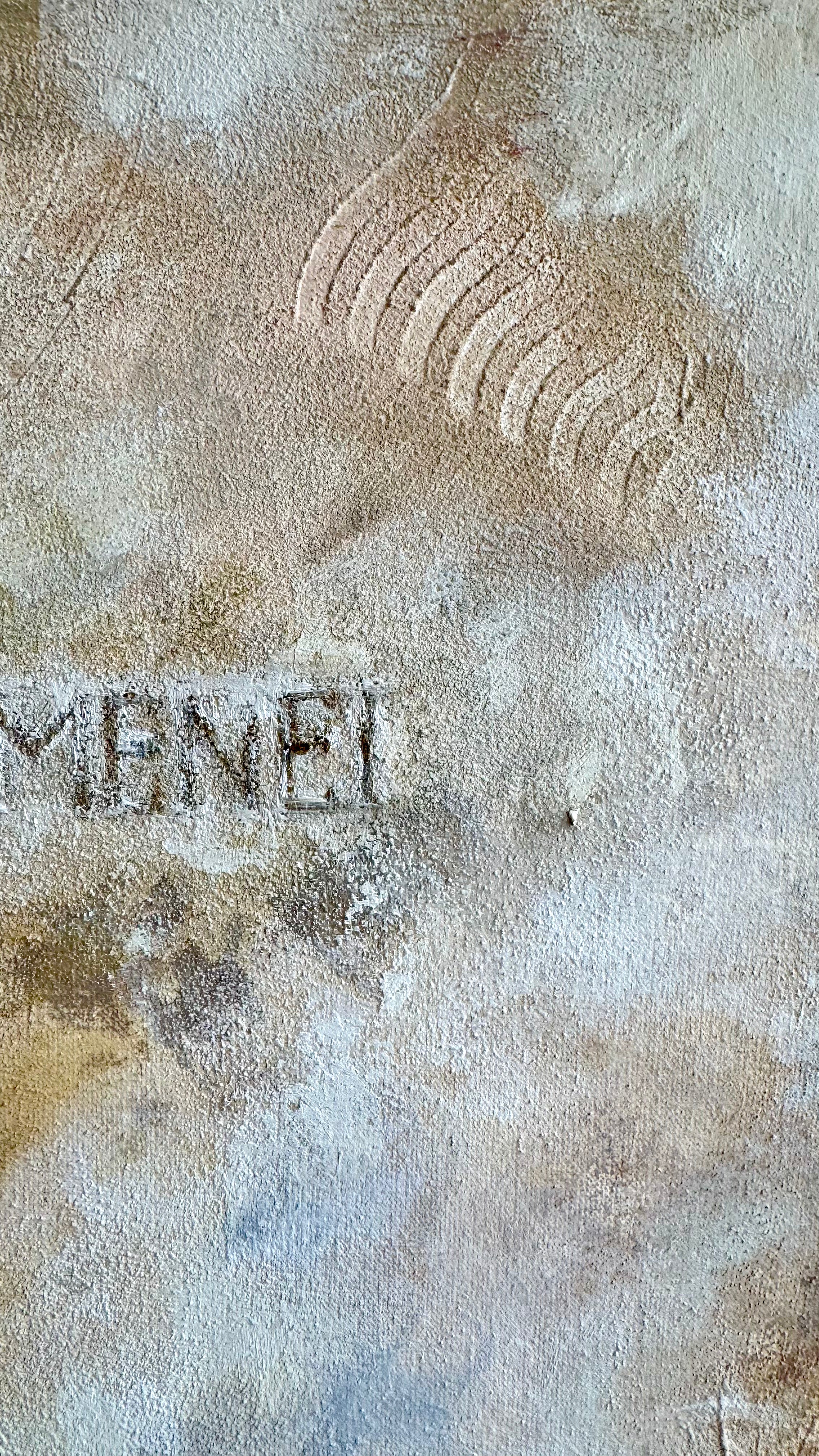 Close-up of the faded Greek inscription and curved etched lines on the sand-textured surface of Lyuba Vasileva - Levi painting The Light Remains.