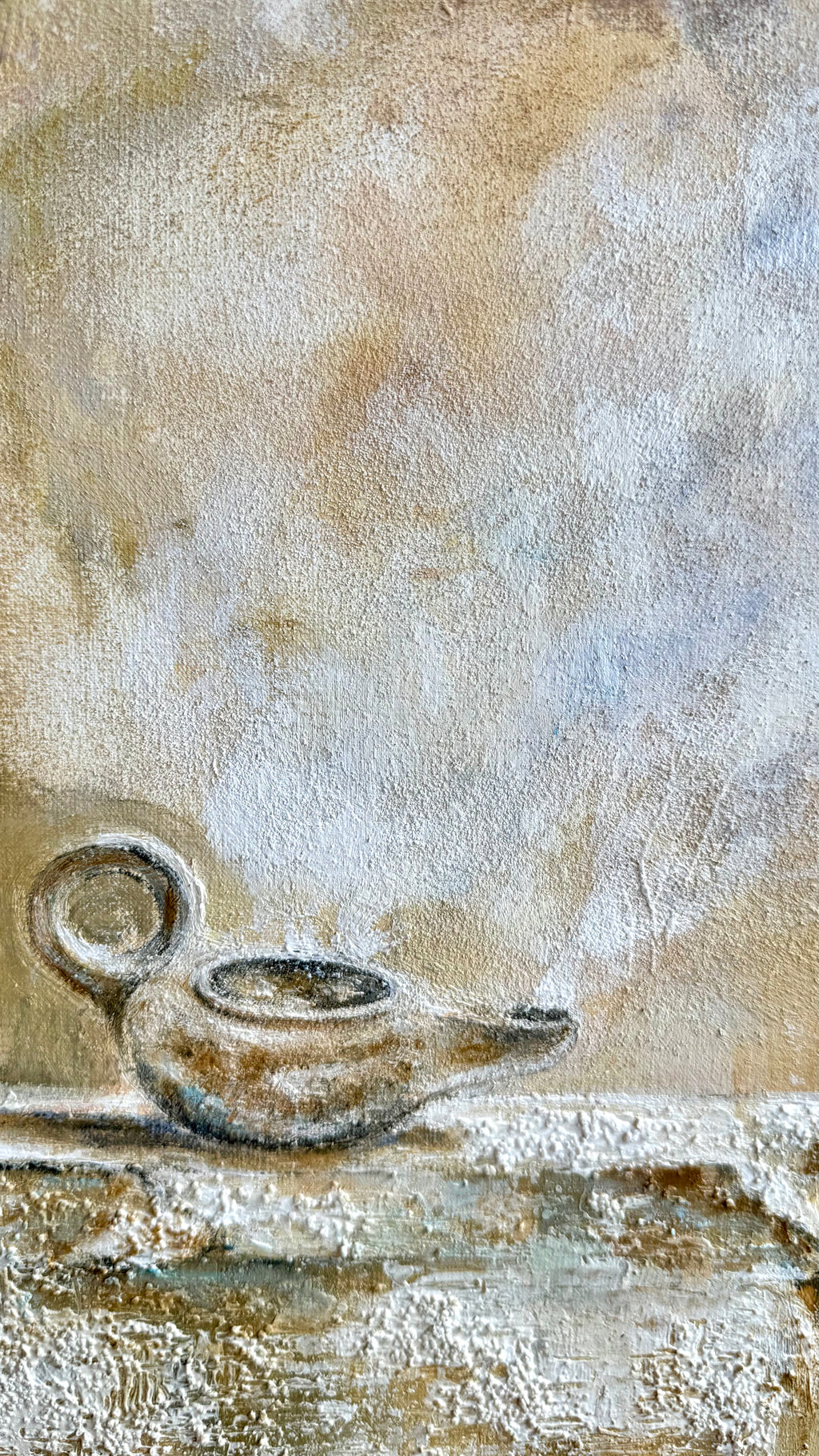 Detail of an ancient oil lamp resting on a textured ledge in Lyuba Vasileva - Levi painting The Light Remains.