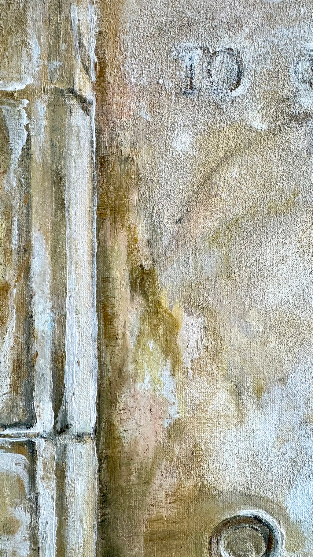Close-up of the faded Greek inscription and curved etched lines on the sand-textured surface of Lyuba Vasileva - Levi painting The Light Remains.