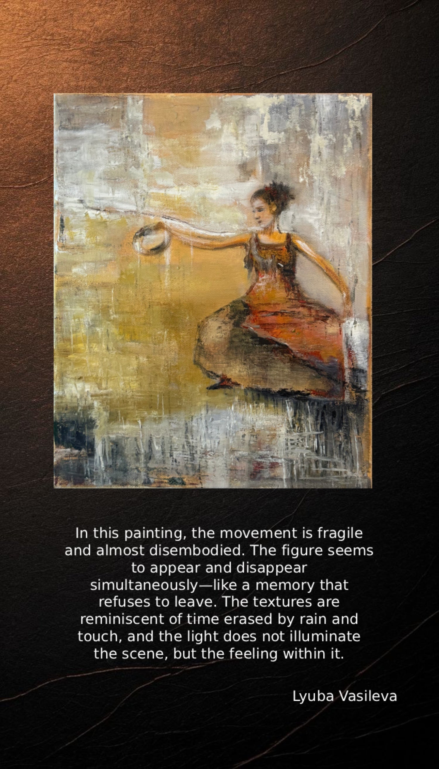 Abstract painting of a woman in an orange dress with text by Lyuba Vasileva.