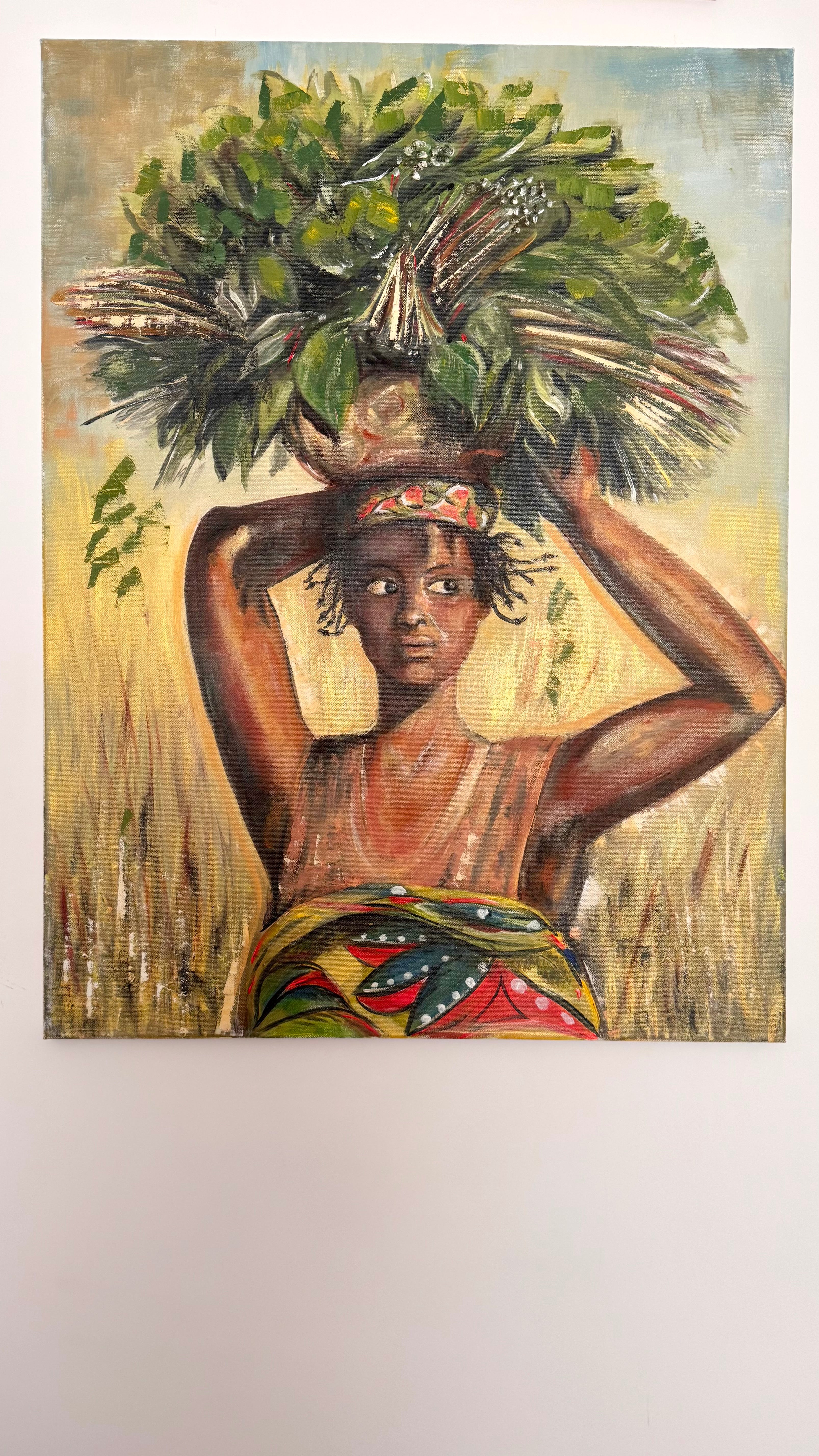 Original oil painting by Lyuba Vasileva. Expressive female portrait with green branches, contemporary figurative art, textured mixed media artwork. Perfect for modern interiors and art collectors.