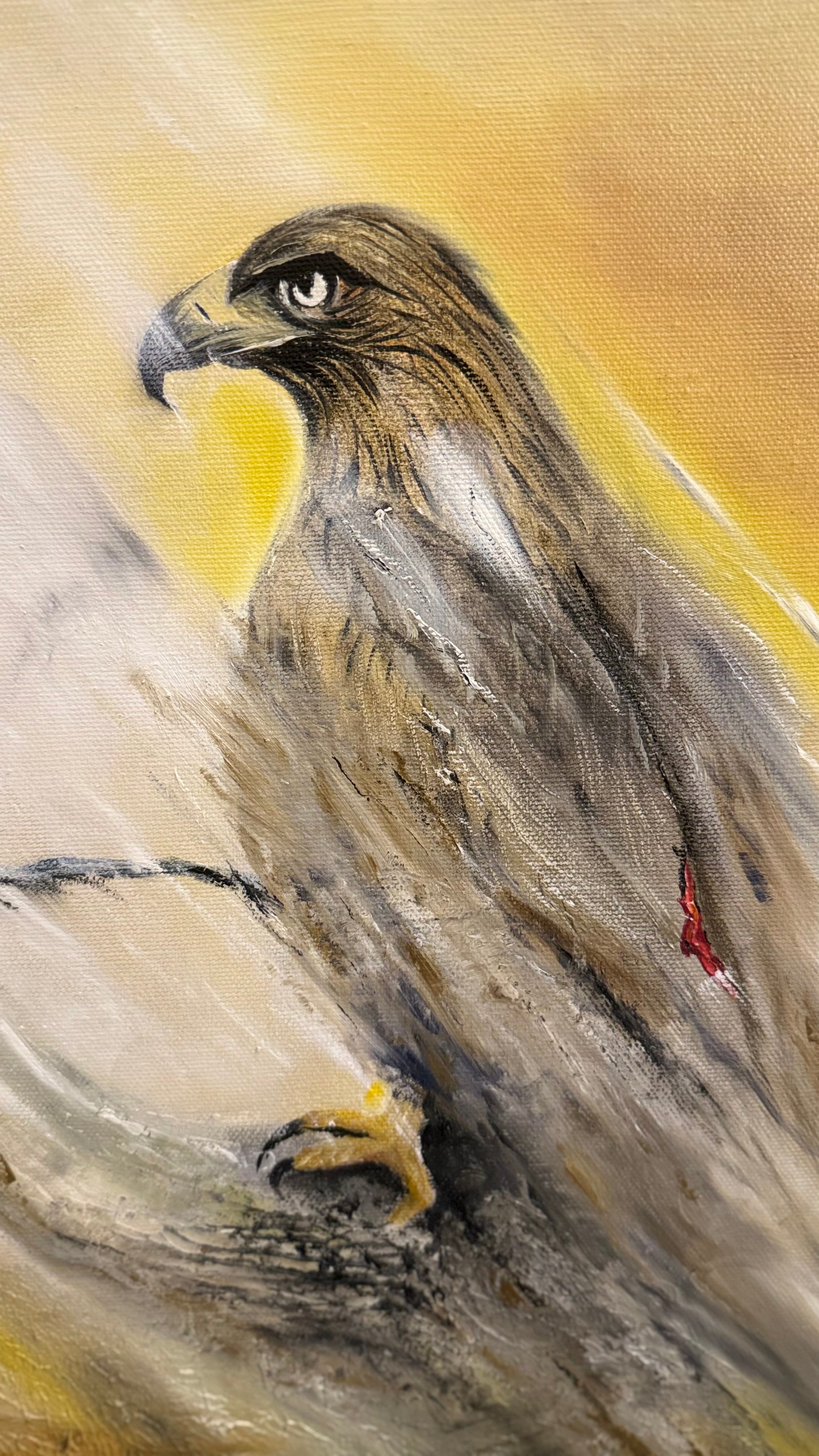 Textured close-up detail of a contemporary bird painting with atmospheric erosion and diagonal movement.
