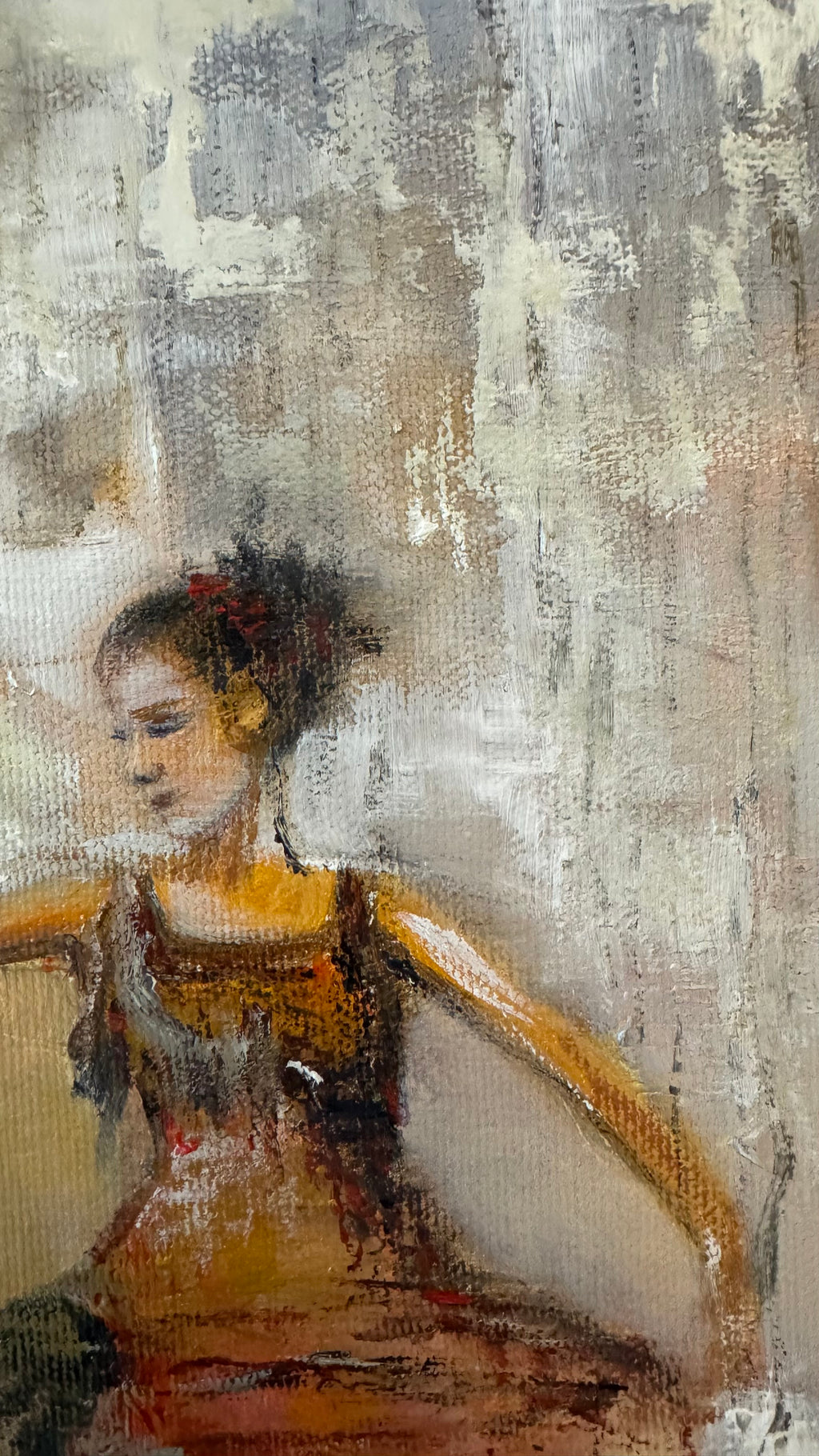 Close-up of abstract oil painting showing brushstrokes and textured surface in warm neutral tones, contemporary canvas artwork