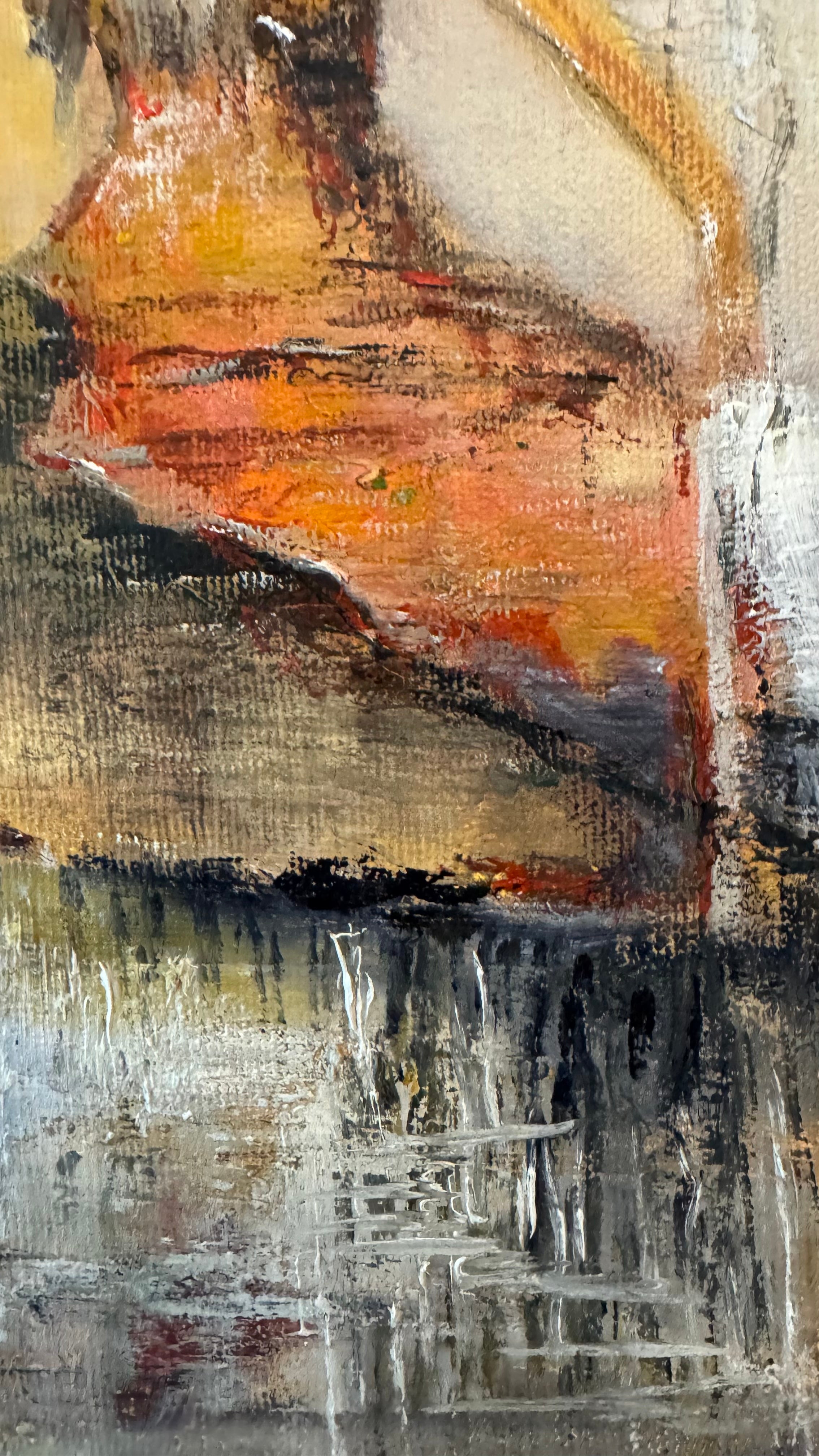 Abstract oil painting texture detail with layered brushstrokes and warm earthy tones, contemporary canvas artwork