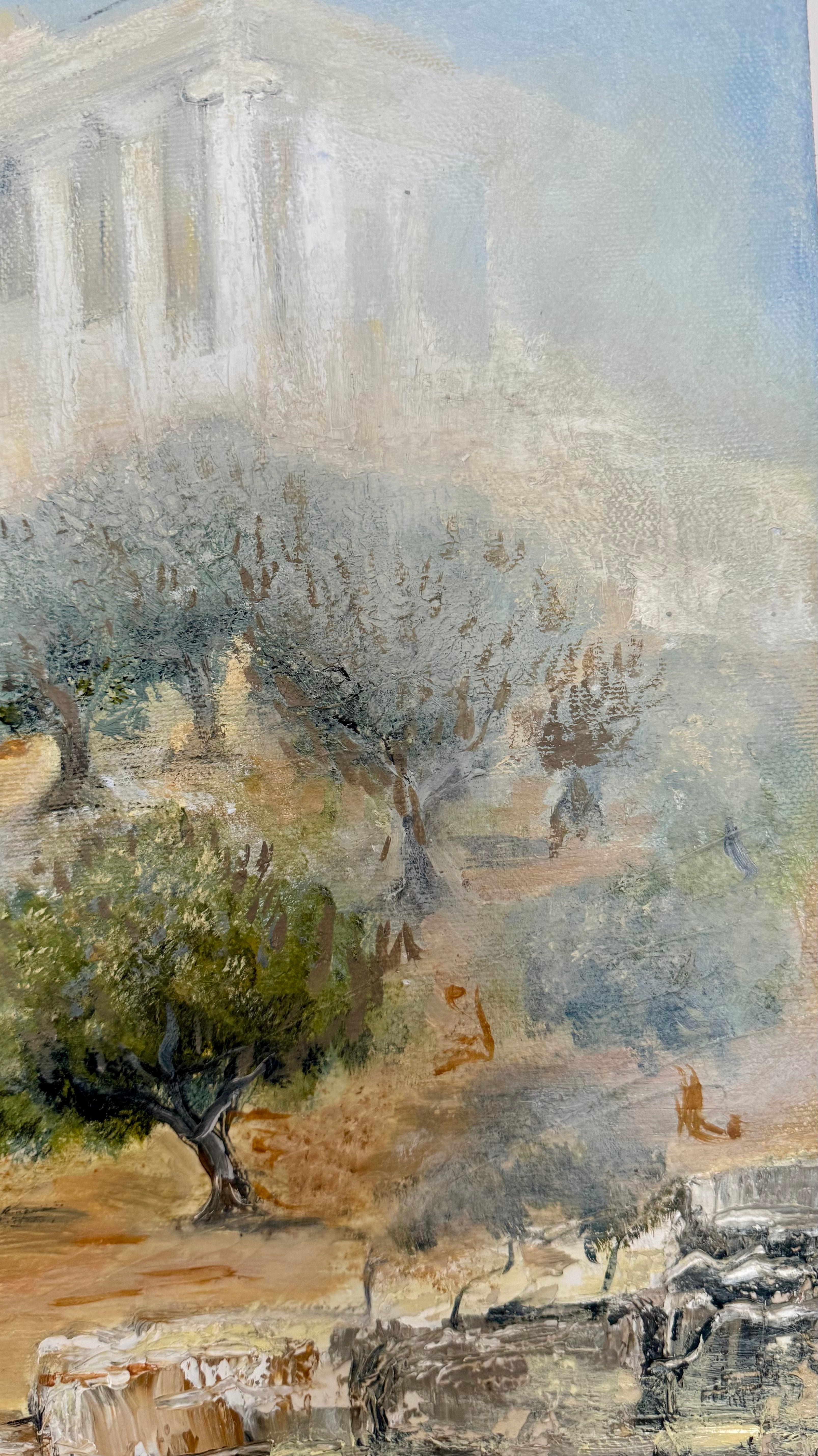Textured detail from a contemporary Acropolis Athens painting with warm earthy tones and olive trees