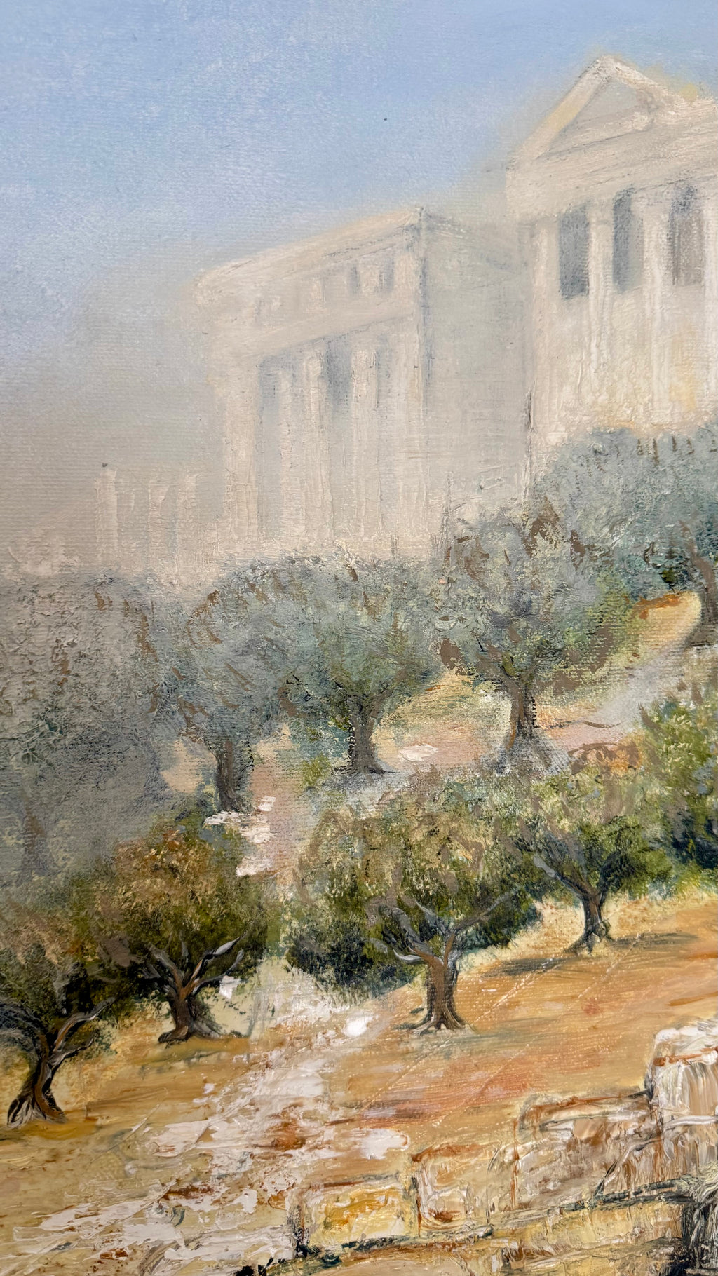 Soft detail of an Acropolis Athens painting with olive trees and warm Mediterranean landscape