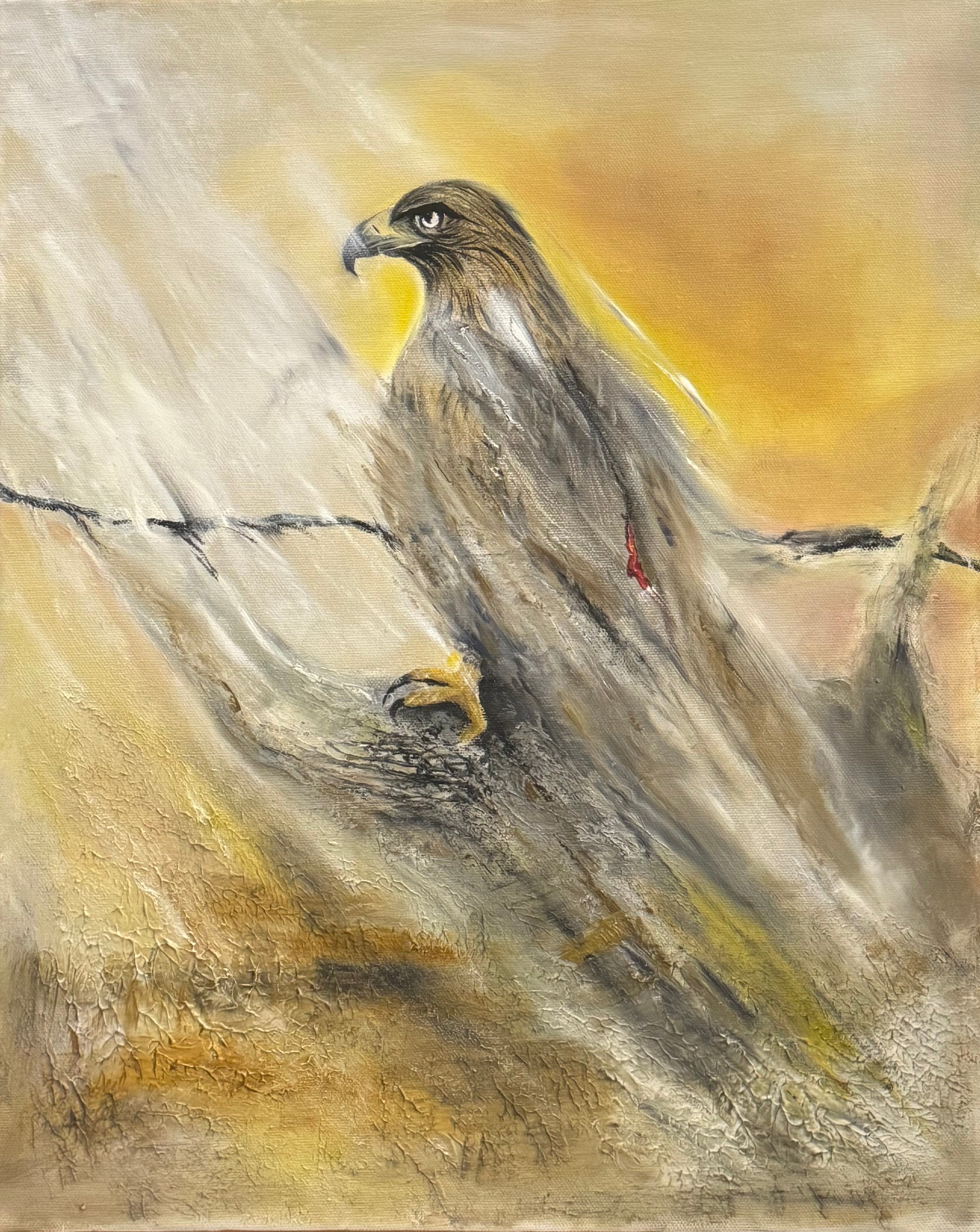 Contemporary atmospheric bird painting featuring a solitary eagle-like figure dissolving into textured earth tones, diagonal movement,and soft golden light.