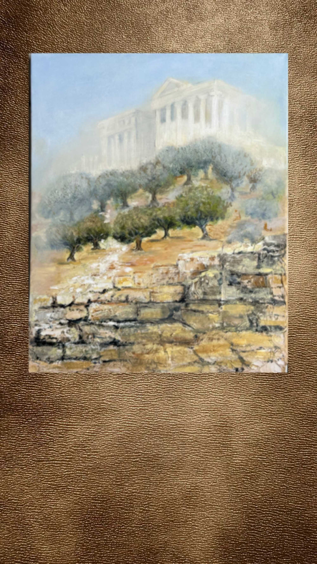 Abstract painting of the Acropolis in Athens on textured wall background, Mediterranean polis series