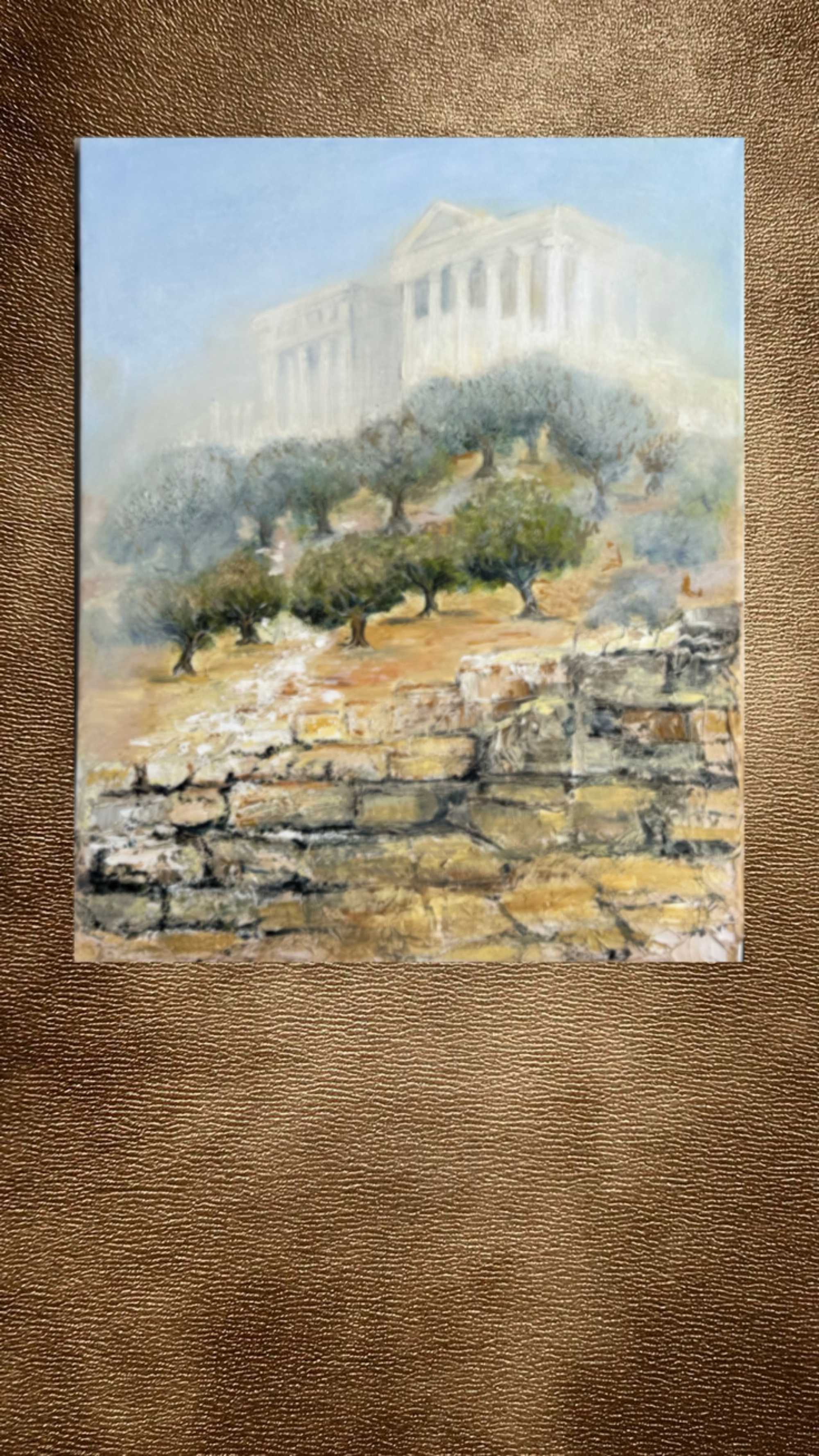 Abstract painting of the Acropolis in Athens on textured wall background, Mediterranean polis series