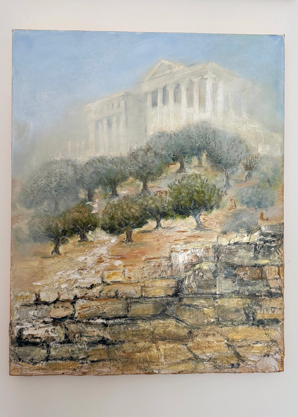 Acropolis Athens landscape painting with olive trees and textured stone foreground in soft tones
