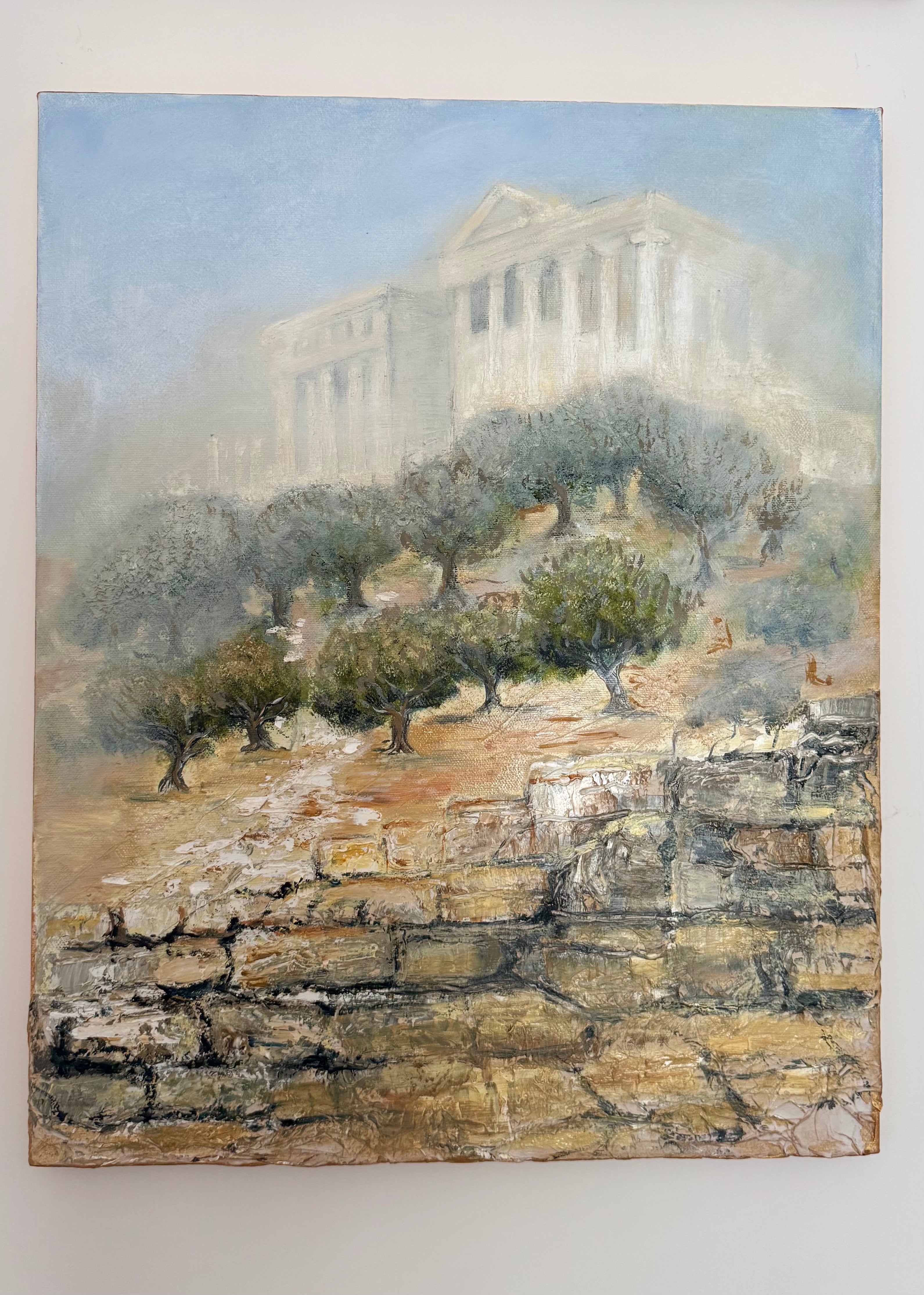 Acropolis Athens landscape painting with olive trees and textured stone foreground in soft tones