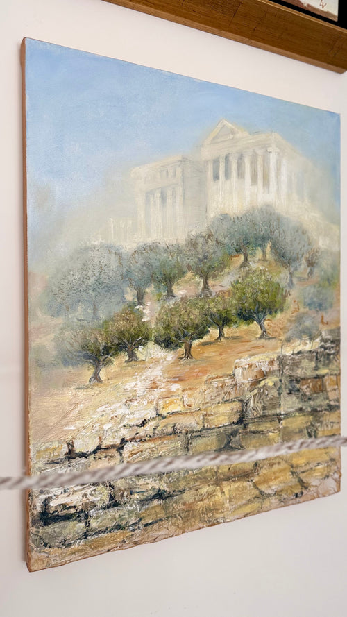 Acropolis Athens wall art painting styled in a natural textured interior, part of Mediterranean city series