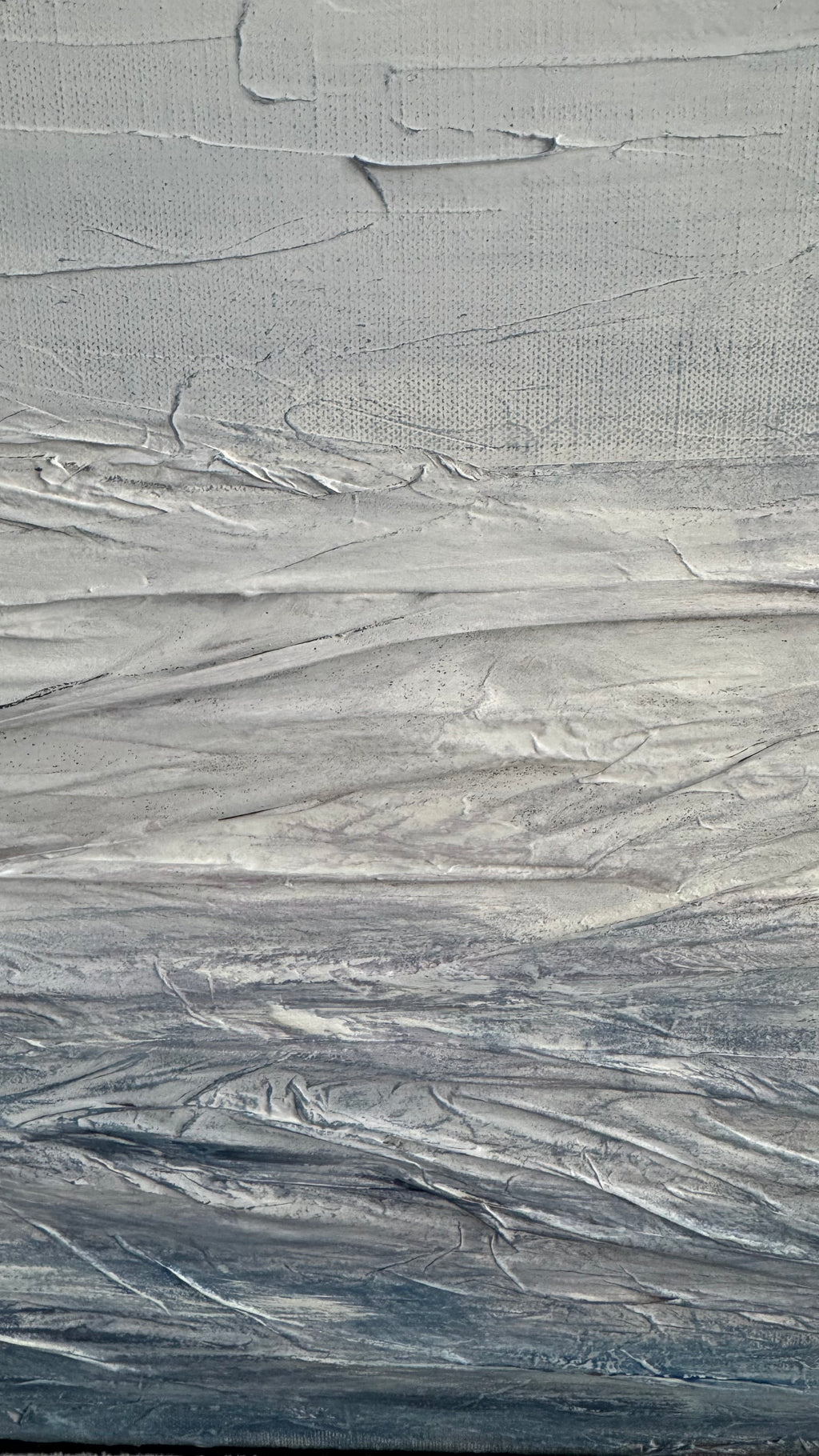 Close-up texture detail of handmade bamboo paper and texturing paste on linen canvas, contemporary Mediterranean mixed media seascape painting.