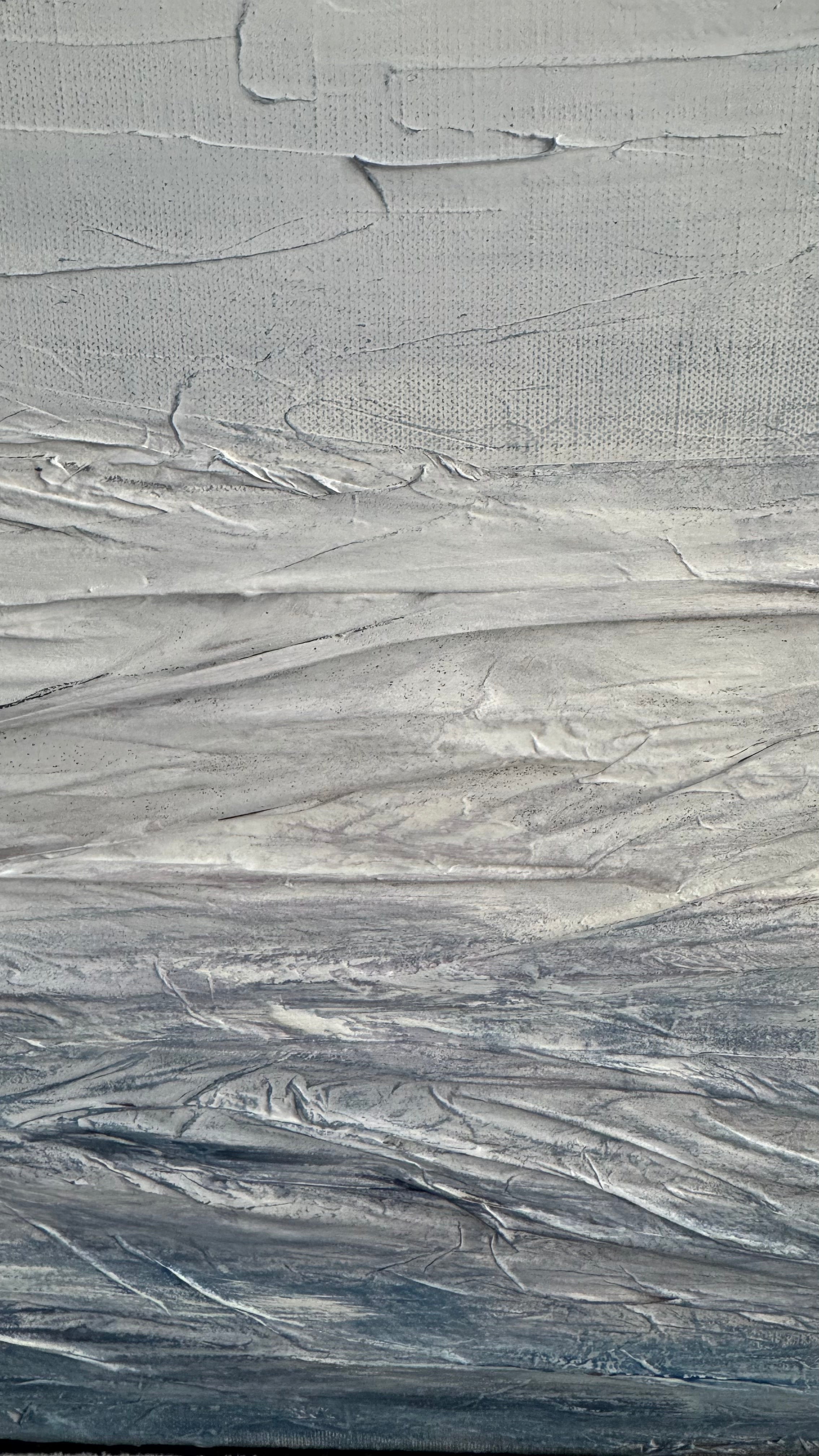 Close-up texture detail of handmade bamboo paper and texturing paste on linen canvas, contemporary Mediterranean mixed media seascape painting.
