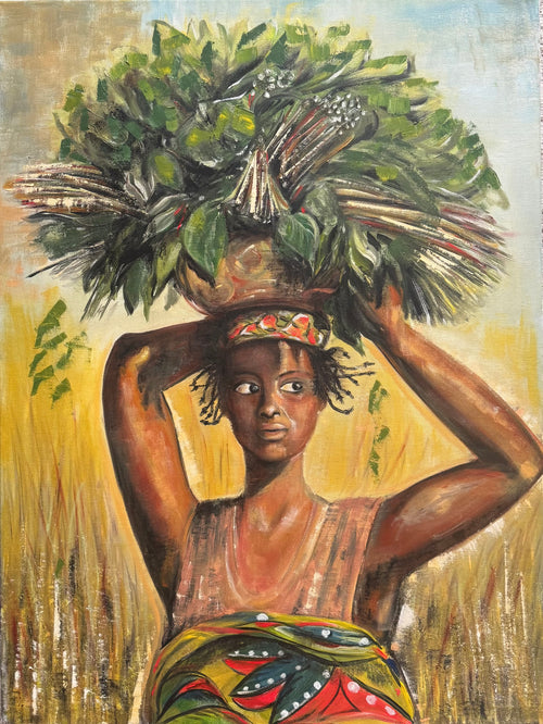 contemporary painting with human figure and green branches nature inspired art