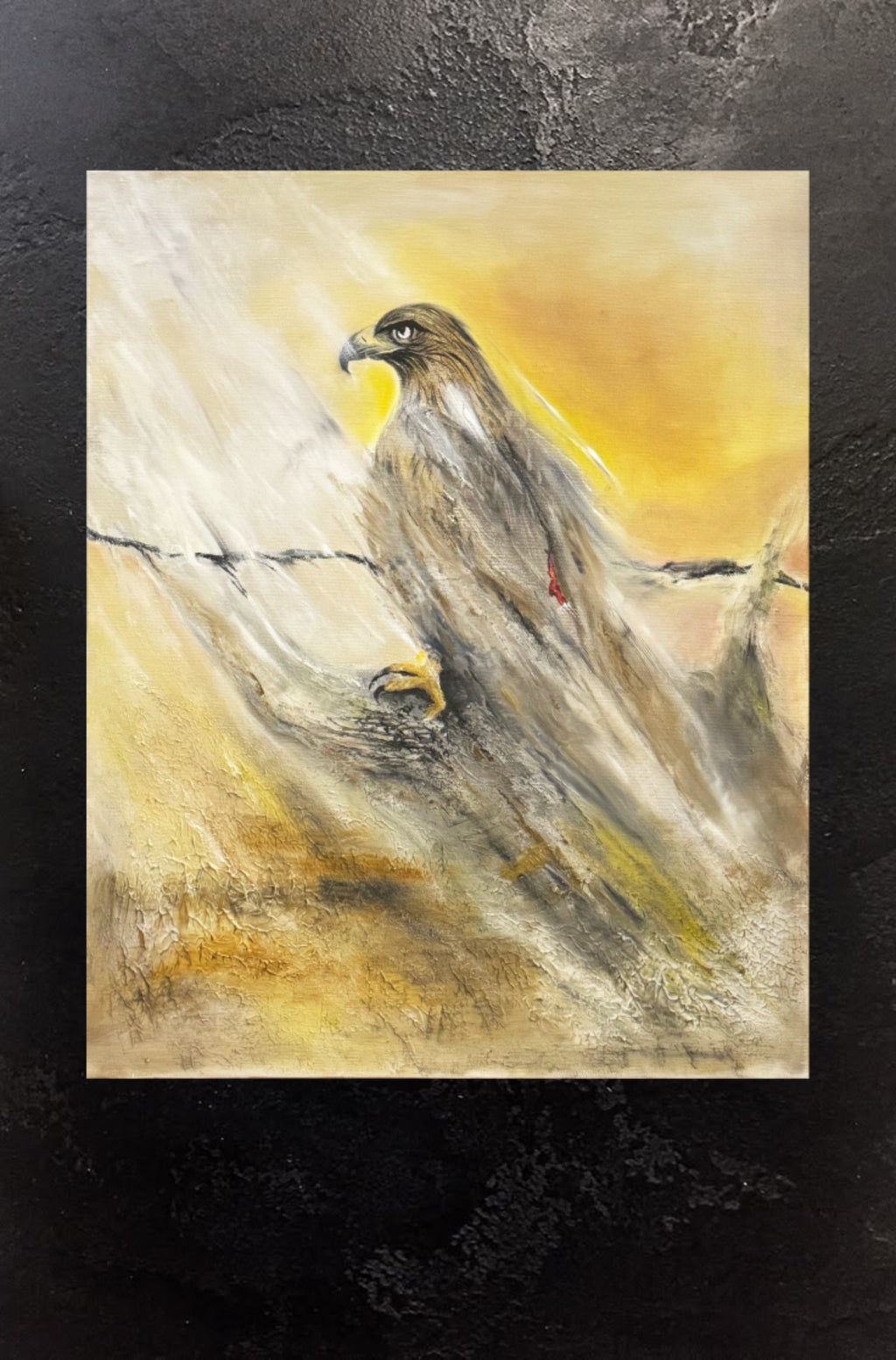 Artistic depiction of a bird perched on a branch with a warm color palette.