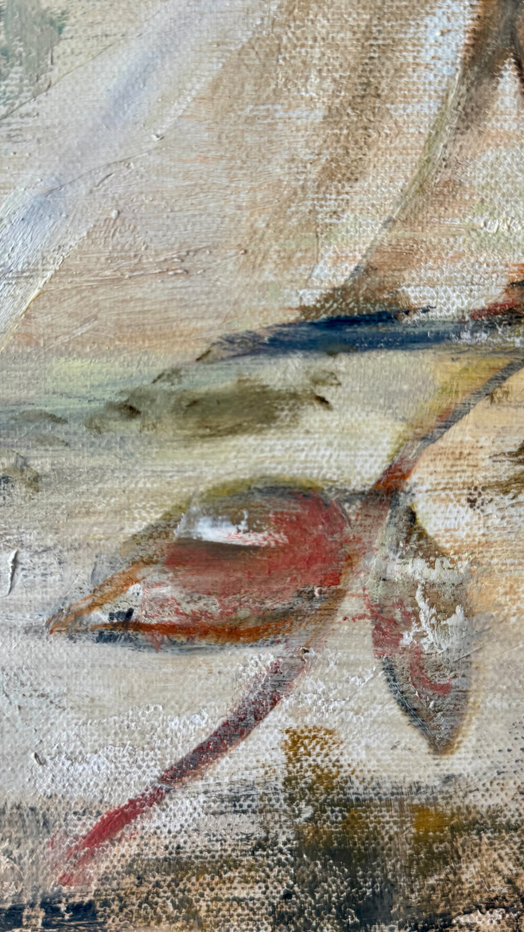 Close-up of an abstract painting with earthy tones and a textured surface fresco  style