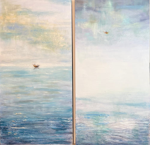 Atmospheric Mediterranean diptych with minimalist sea horizon, translucent mist and small red boat, contemporary mixed media painting on linen canvas.