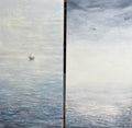 Atmospheric Mediterranean diptych with minimalist sea horizon, translucent mist and small red boat, contemporary mixed media painting on linen canvas.
