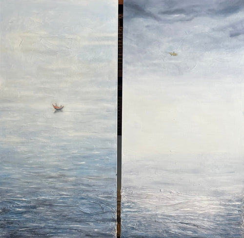 Atmospheric Mediterranean diptych with minimalist sea horizon, translucent mist and small red boat, contemporary mixed media painting on linen canvas.