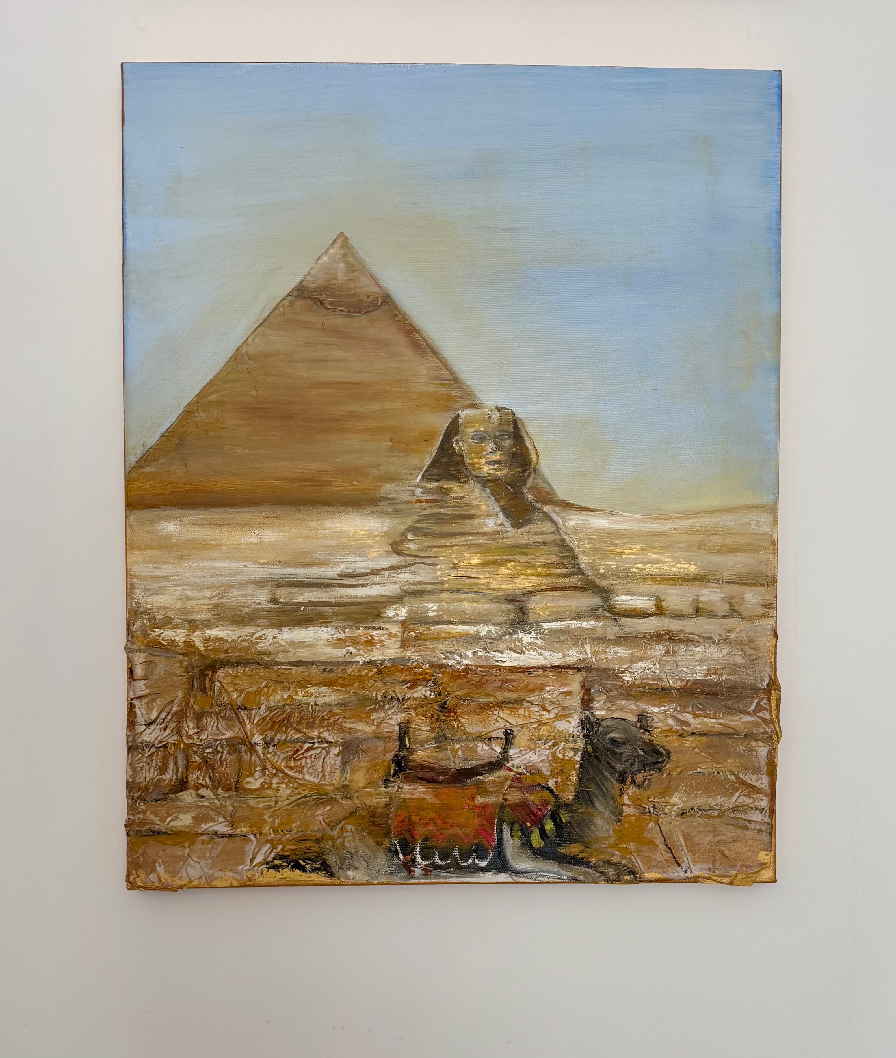 Original mixed media painting of Egyptian pyramid and Sphinx in warm desert tones with textured surface