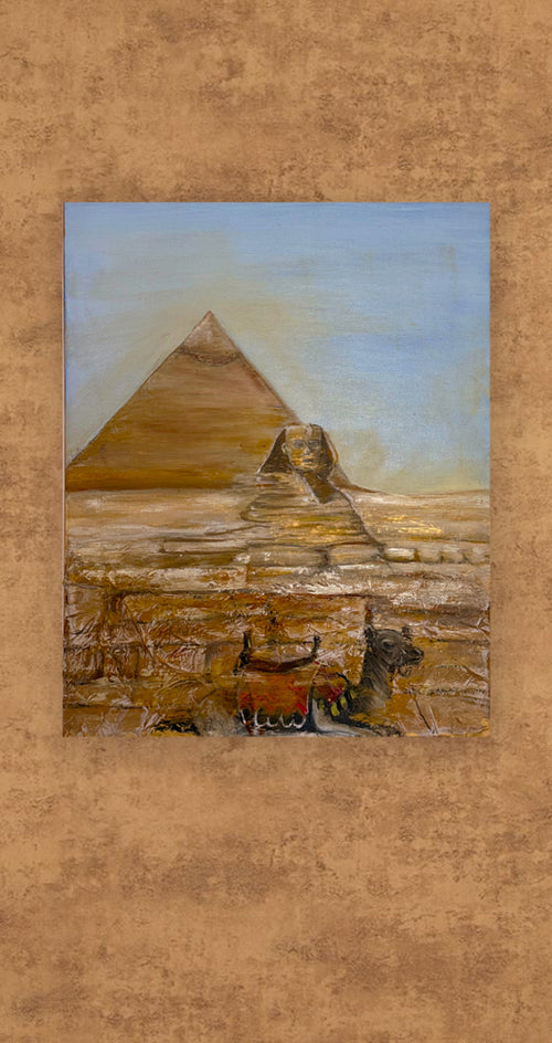 Original mixed media Egypt painting with pyramid and Sphinx, textured desert wall art in warm earthy tones
