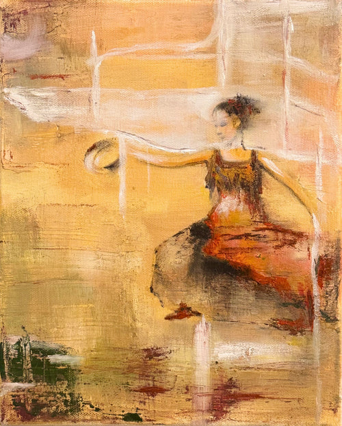 Abstract oil painting in warm neutral tones with soft textures and minimal expressive form, contemporary artwork on canvas