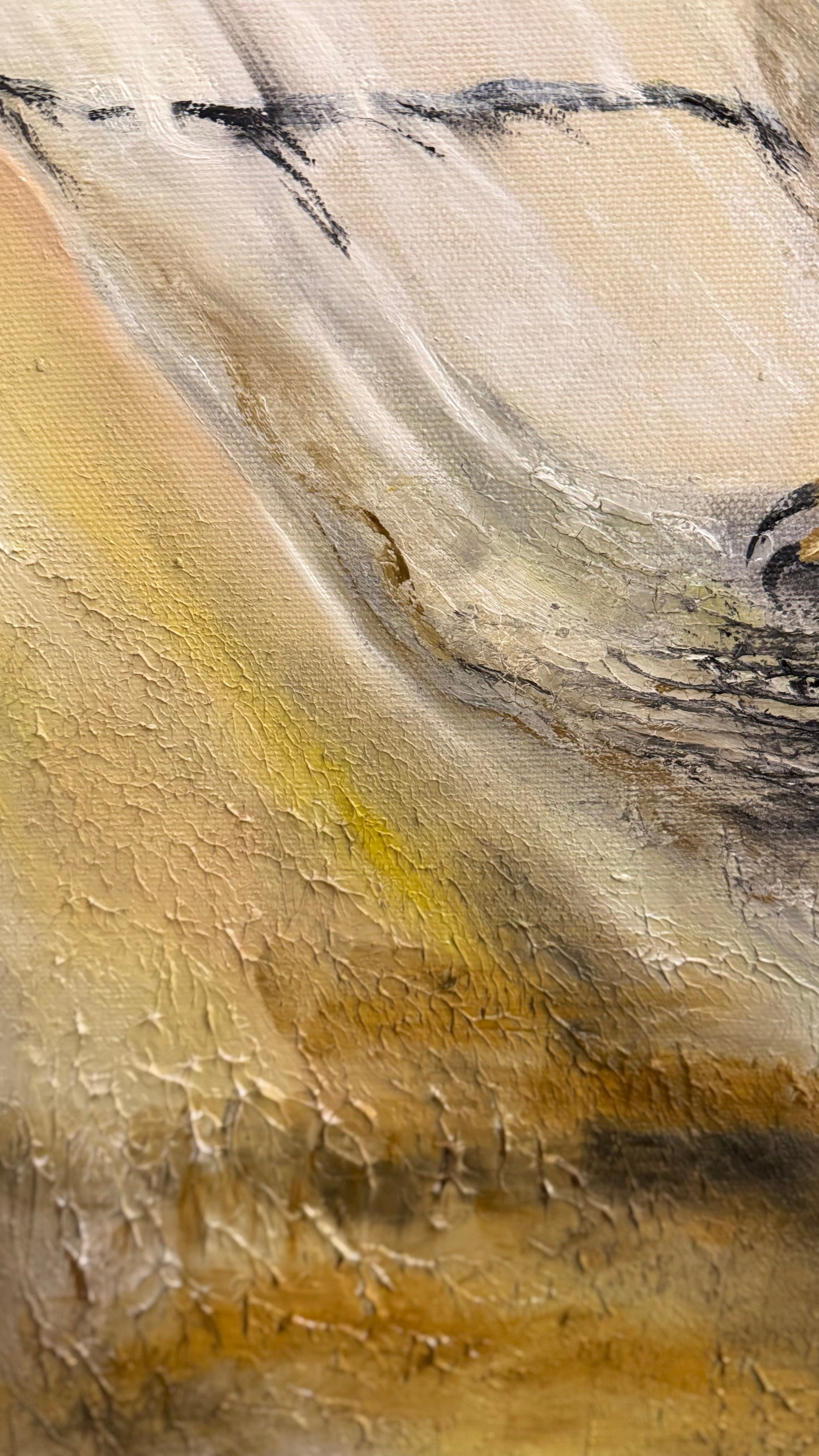 Textured contemporary painting detail with atmospheric erosion, earth tones, and golden light.