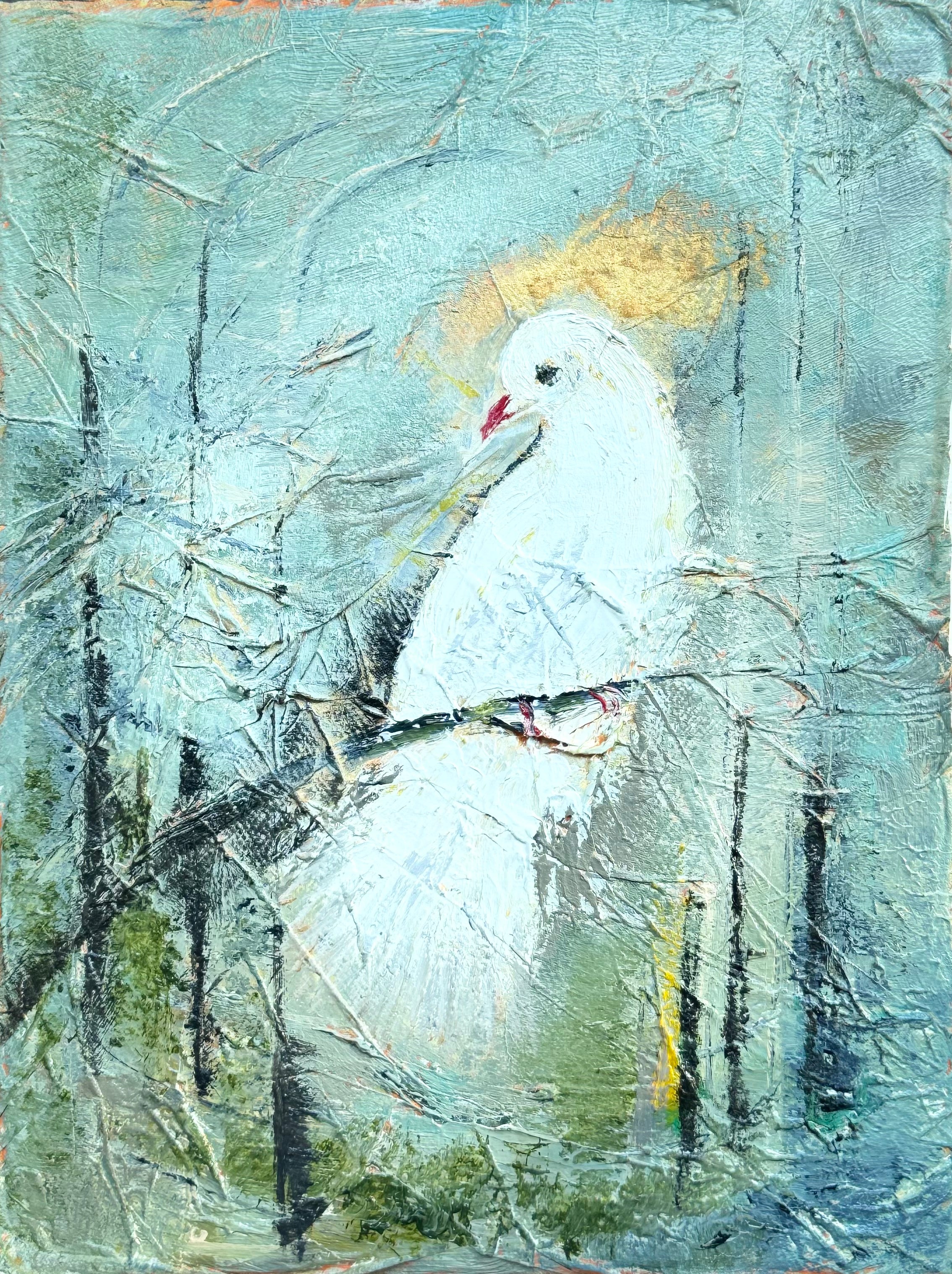 Textured mixed media painting of a white bird in blue grey tones with gold accents