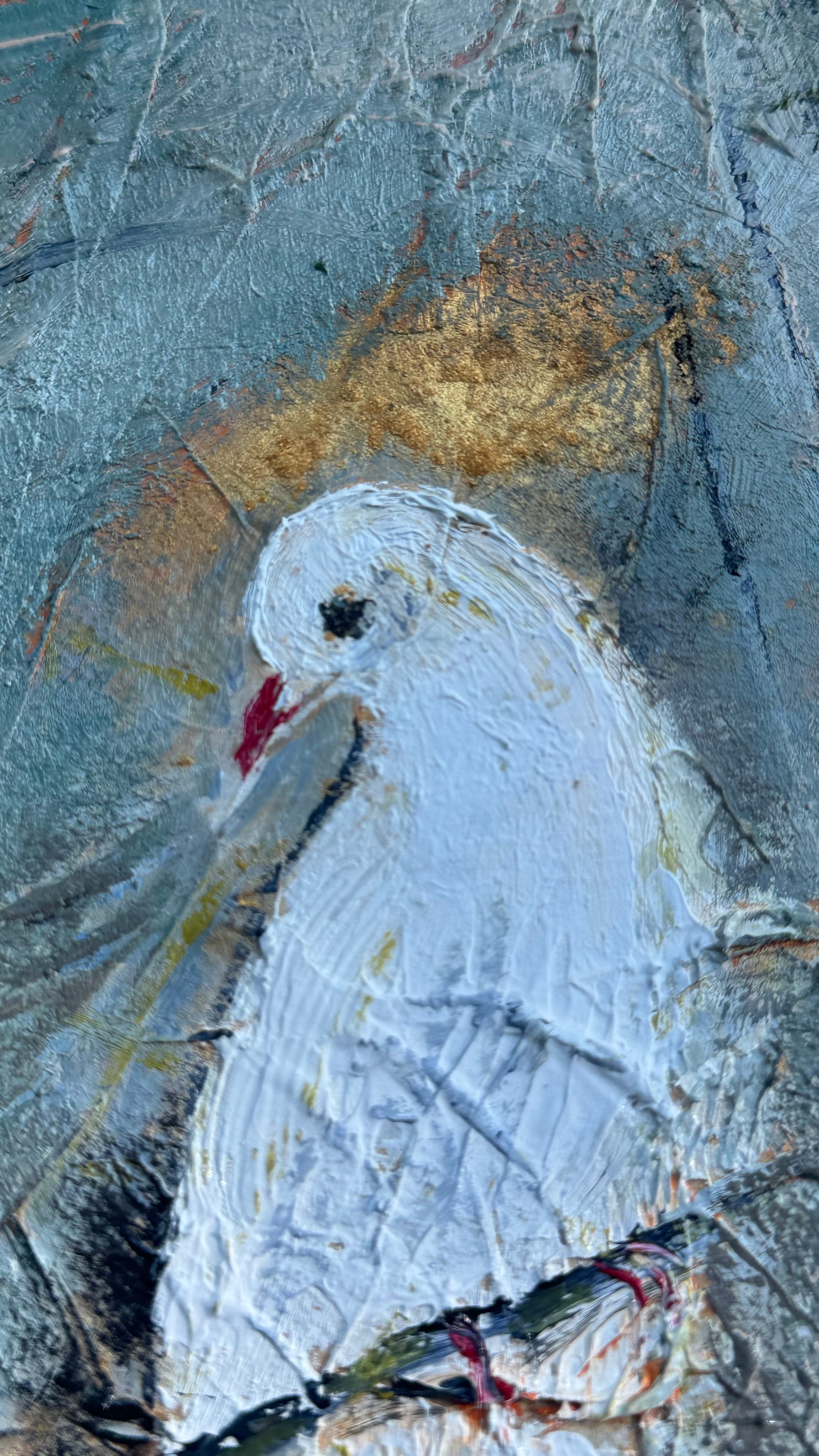 Detail of textured white bird mixed media painting with rich surface layers and gold highlights