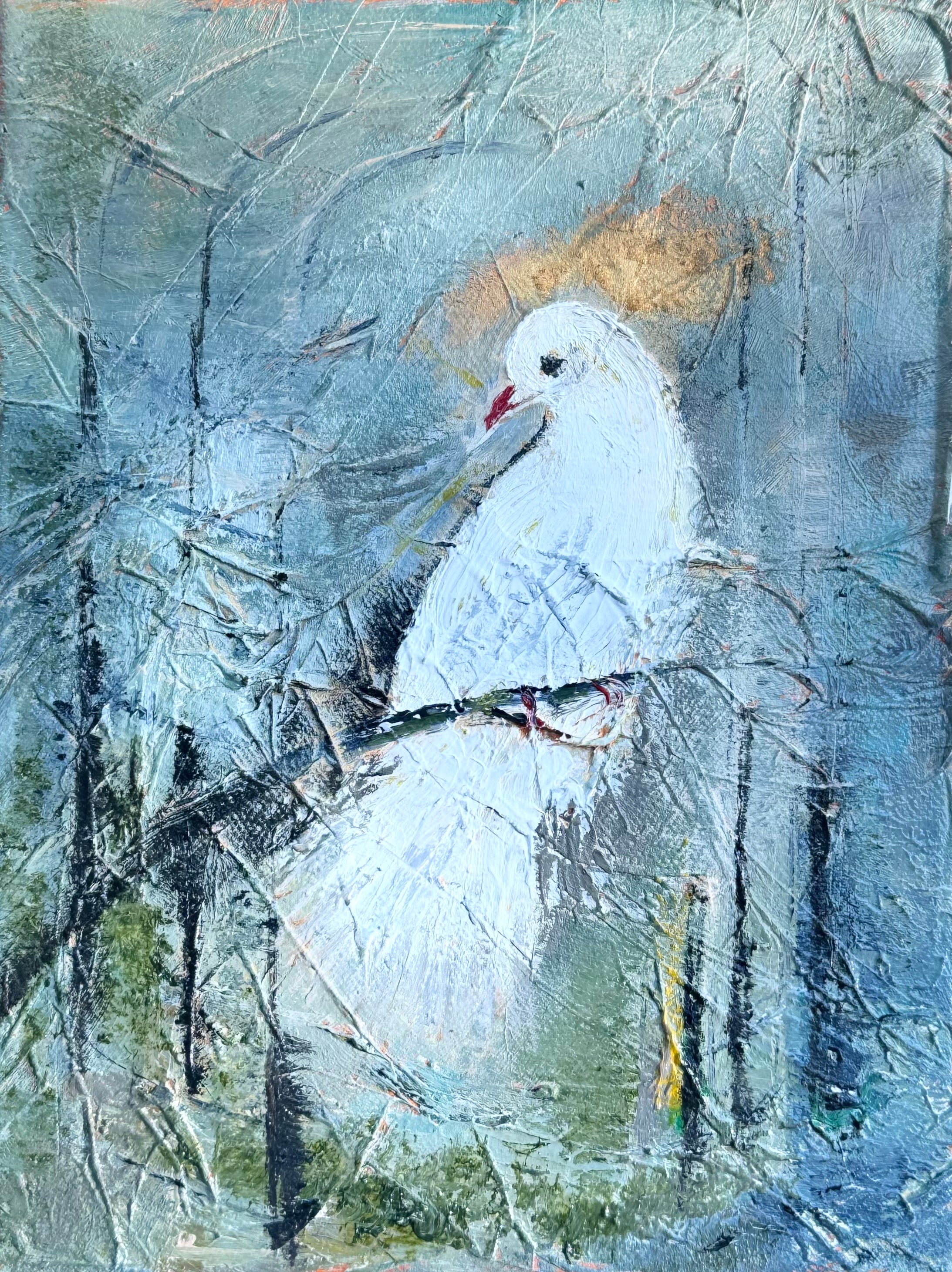 Original textured white bird painting with layered surface details and soft blue tones