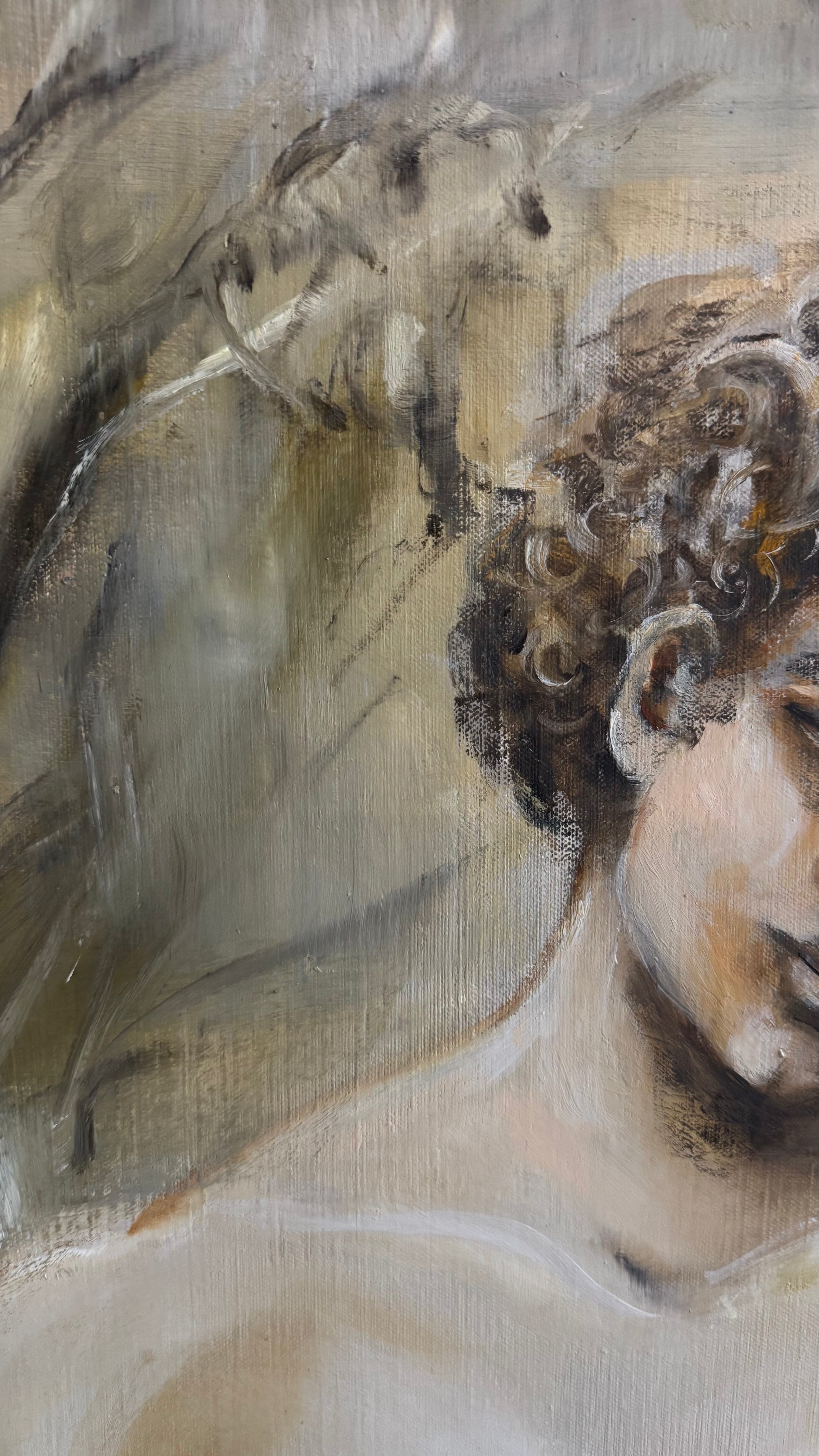 Close-up of Adam from “Fragments of Eden”, highlighting the expressive brushwork, warm Mediterranean palette and symbolic contemporary oil painting.